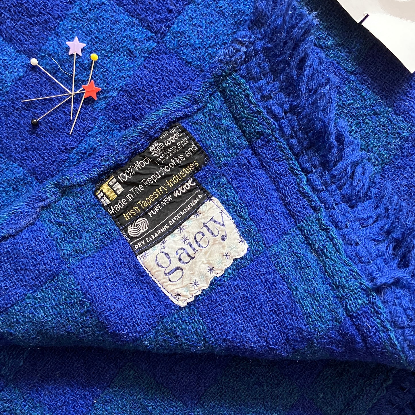 Vest/gilet/waistcoat made from a reclaimed blue checkerboard weave Irish wool Gaiety blanket (close up of the original blanket)