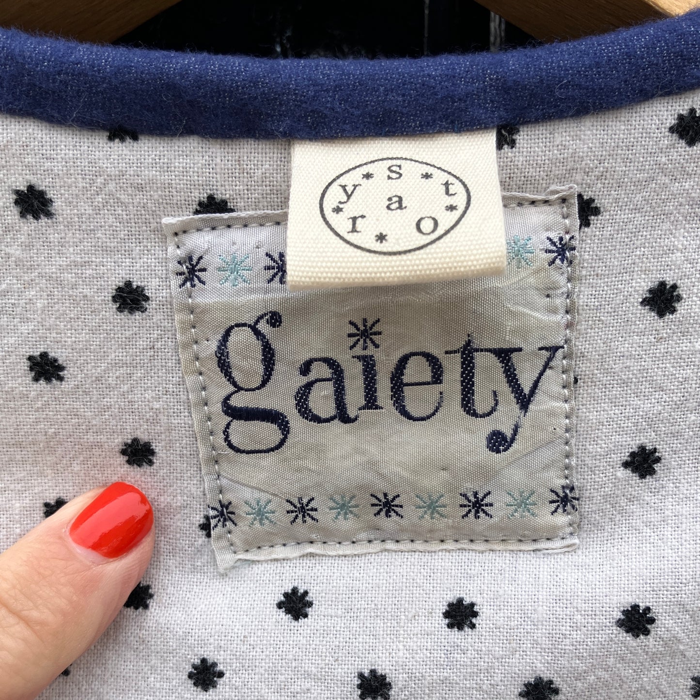 Vest/gilet/waistcoat made from a reclaimed blue checkerboard weave Irish wool Gaiety blanket (close-up of label)