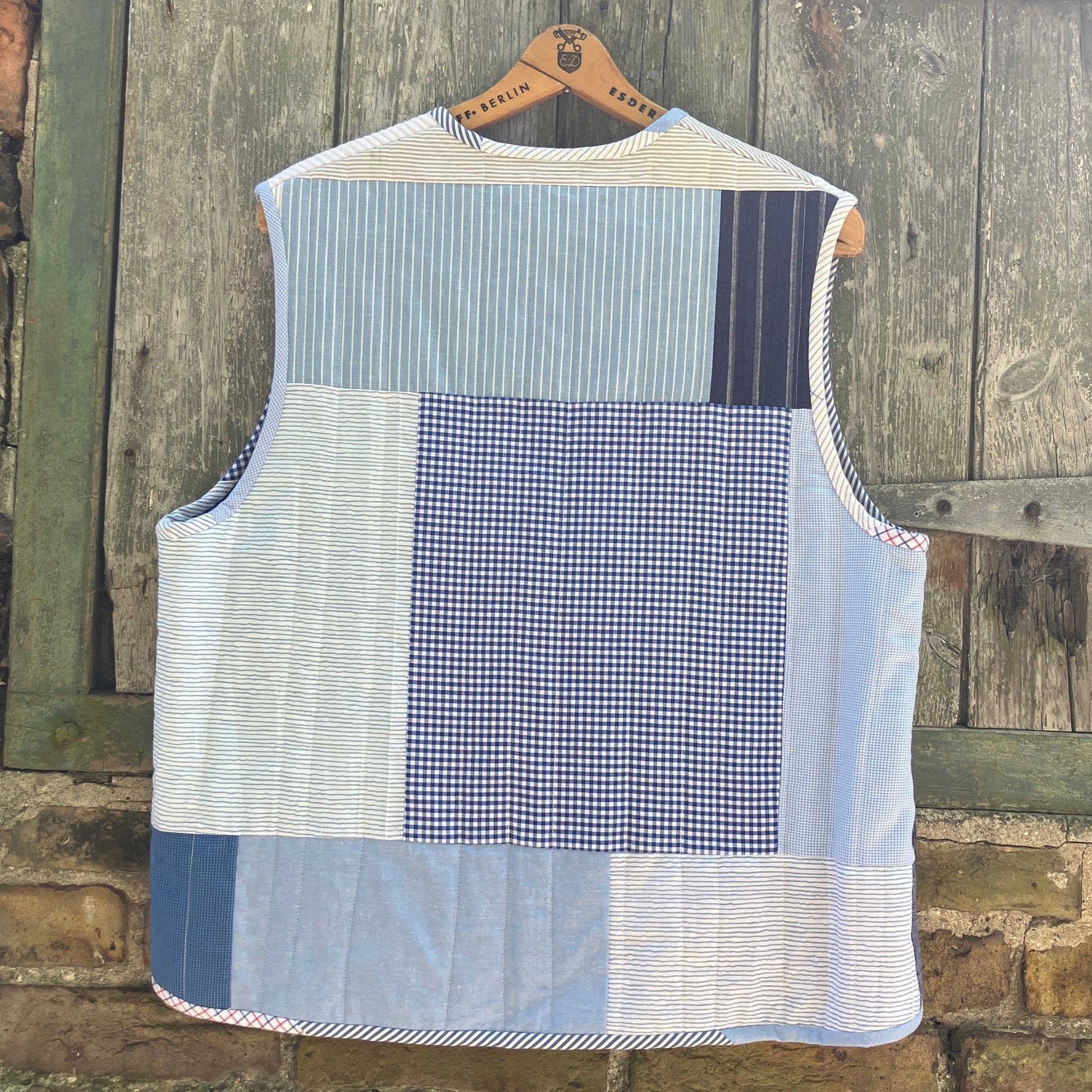 tie front quilted vest/waistcoat made from recycled men's cotton shirts in shades of blue