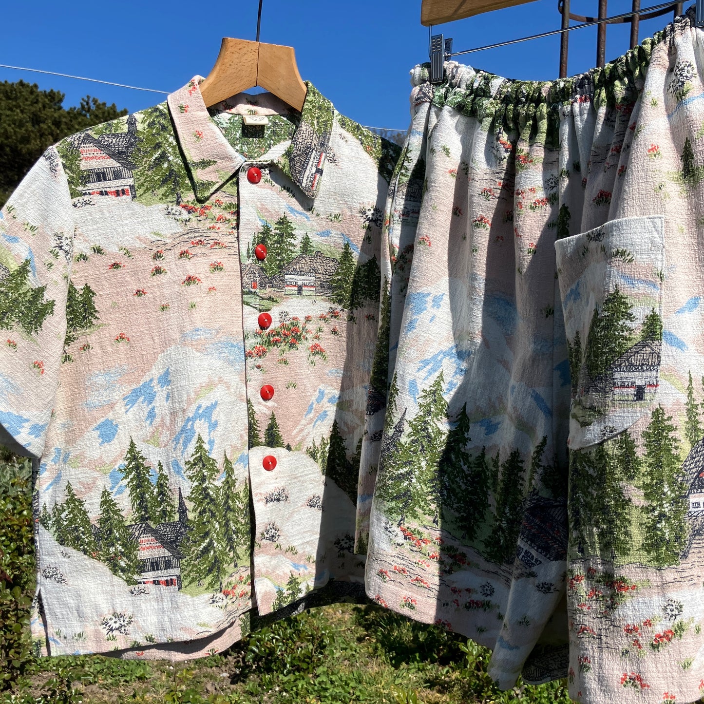 Shirt and shorts set made from a reclaimed vintage Alpine-scenes curtain