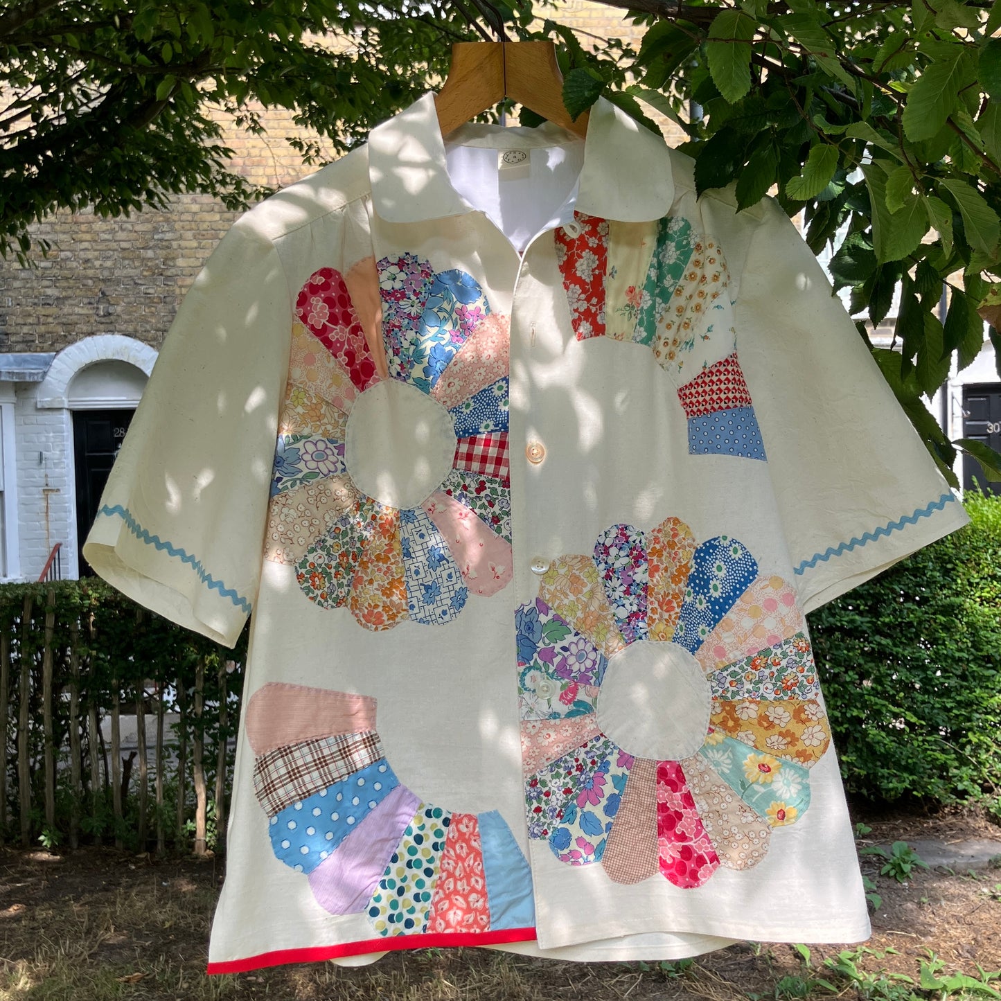Calico shirt with appliqué vintage 1930s Dresden plate patchwork blocks
