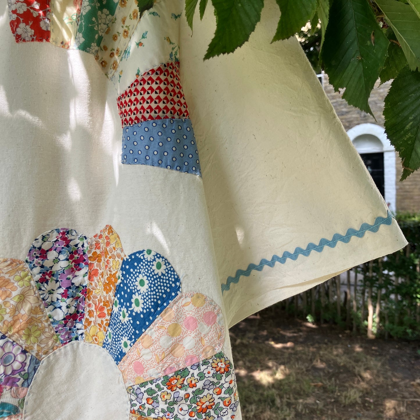 Calico shirt with appliqué vintage 1930s Dresden plate patchwork blocks