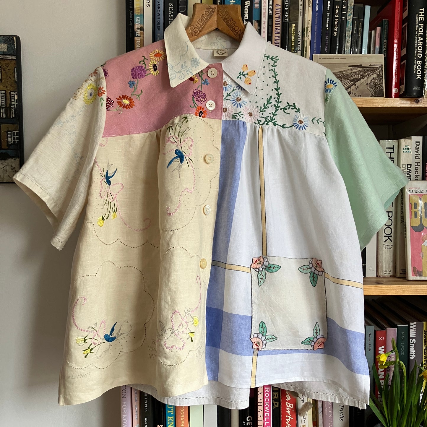 Patchwork shirt made from a selection of recycled embroidered vintage linen.