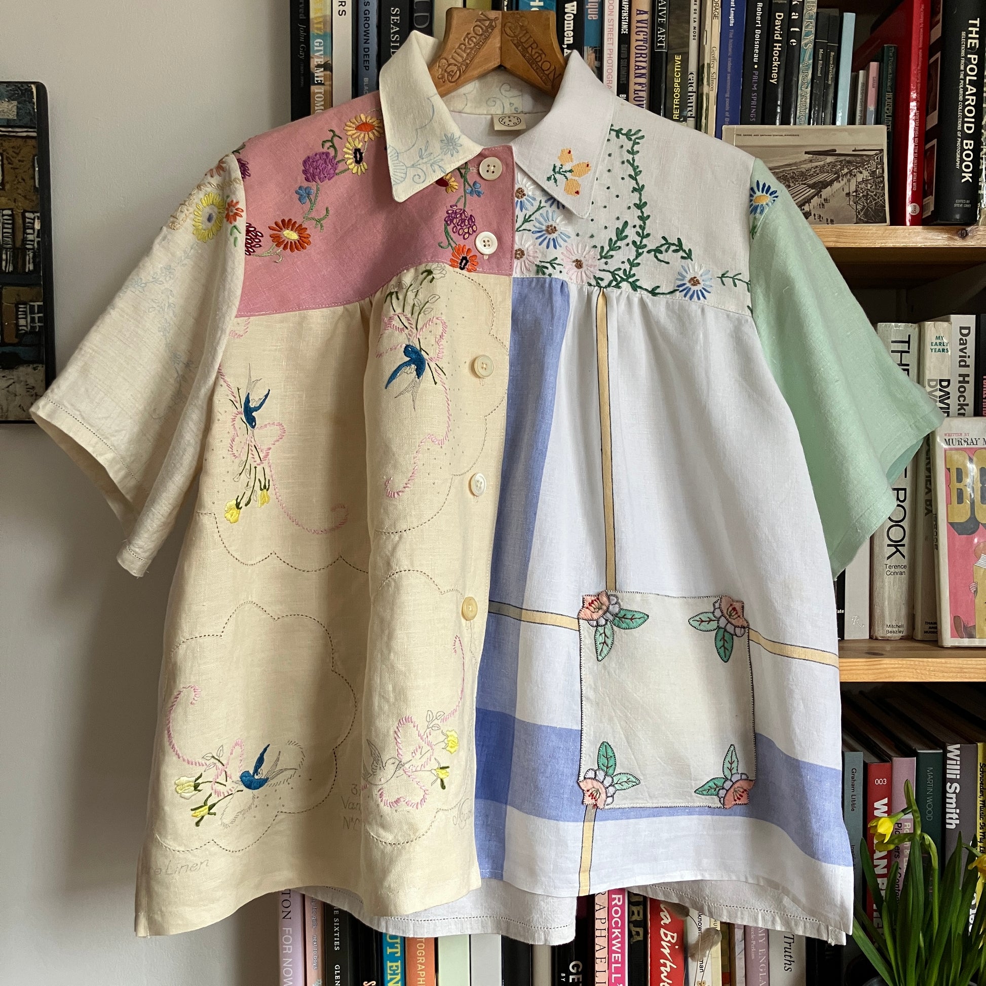 Patchwork shirt made from a selection of recycled embroidered vintage linen.