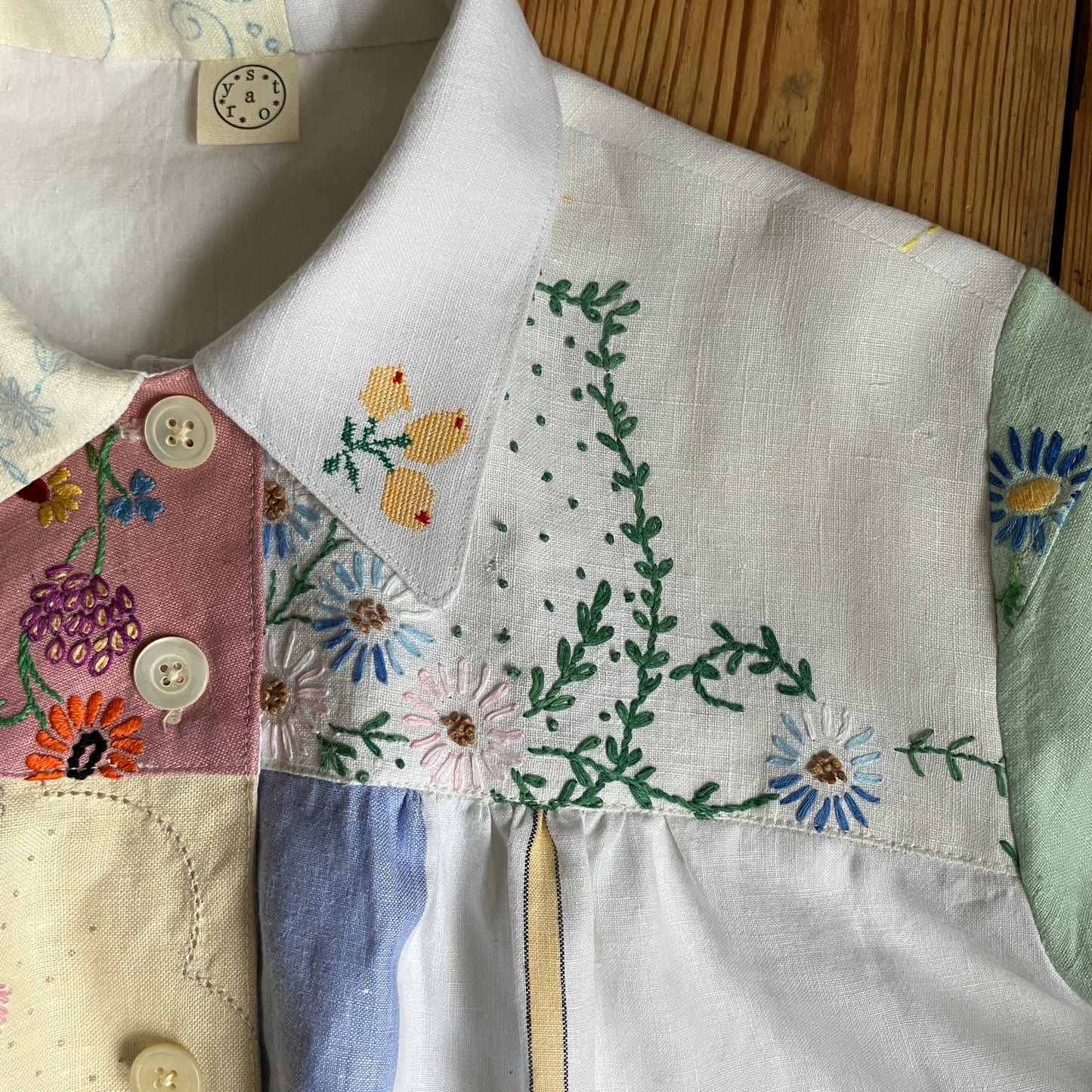 Patchwork shirt made from a selection of recycled embroidered vintage linen.