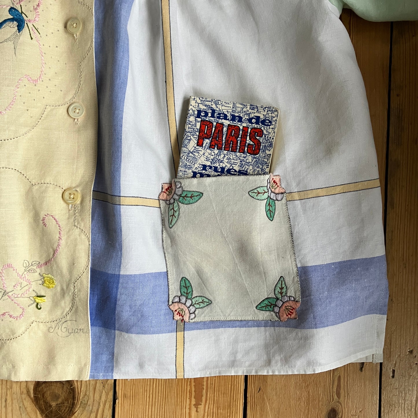 Patchwork shirt made from a selection of recycled embroidered vintage linen.