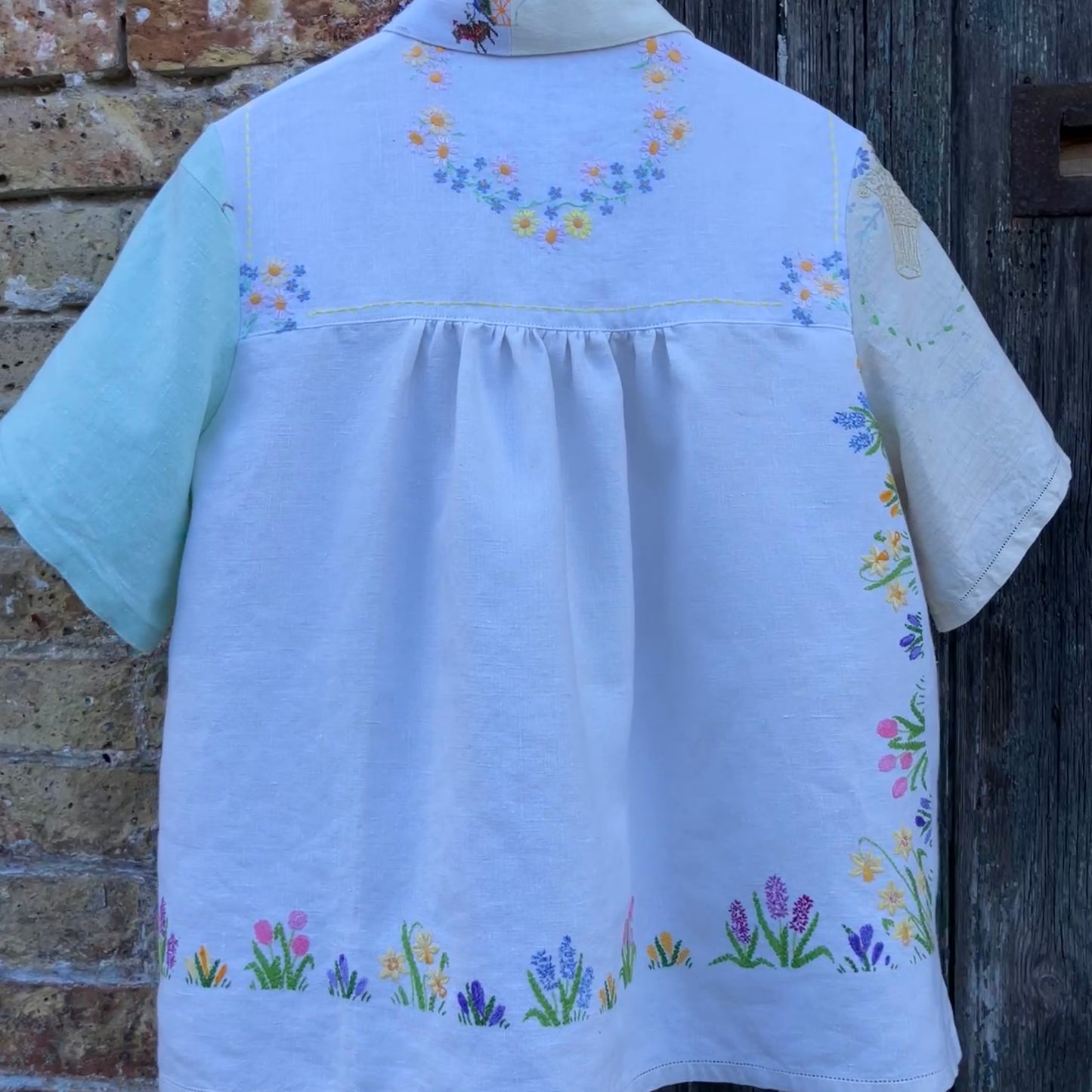 Patchwork shirt made from a selection of recycled embroidered vintage linen.