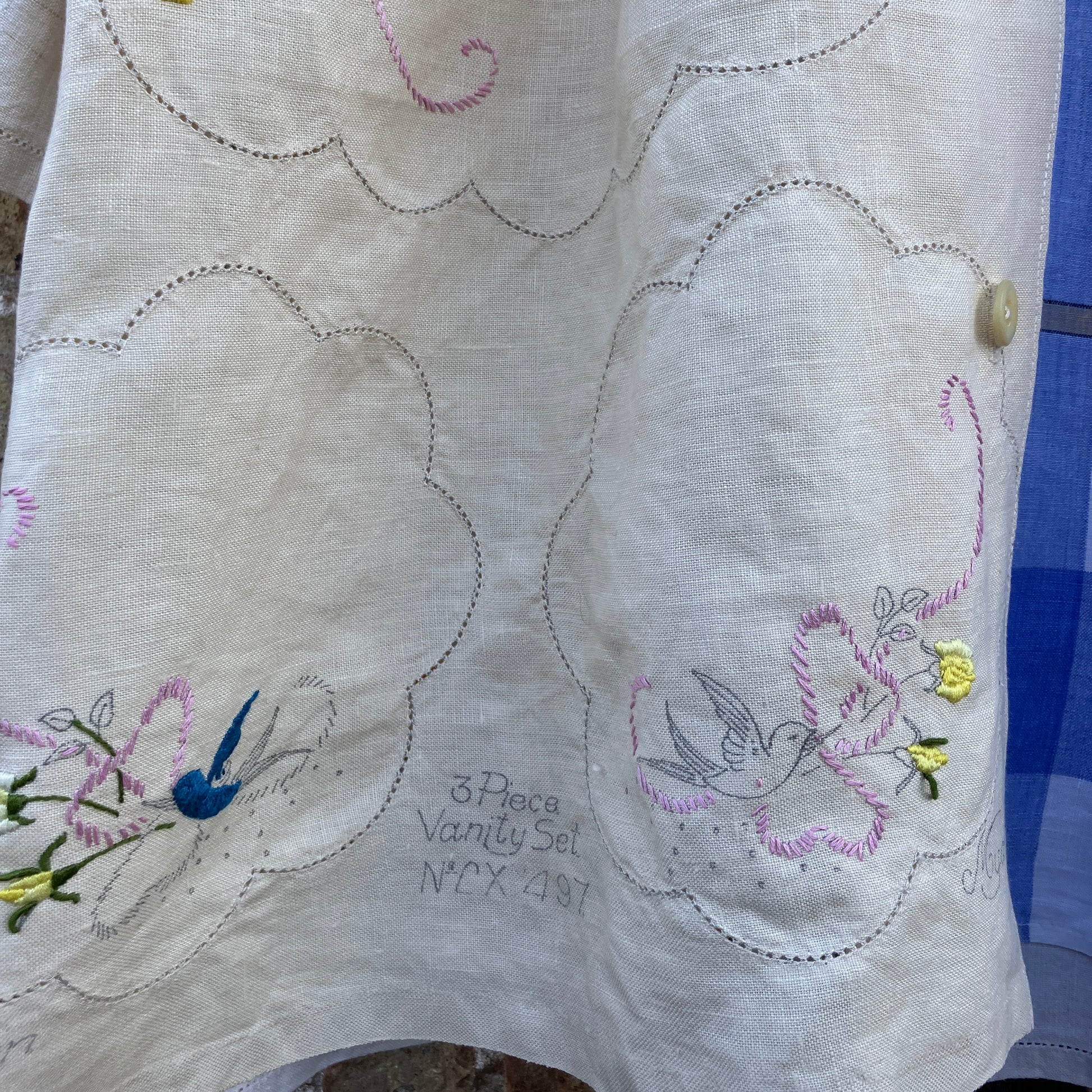 Patchwork shirt made from a selection of recycled embroidered vintage linen.