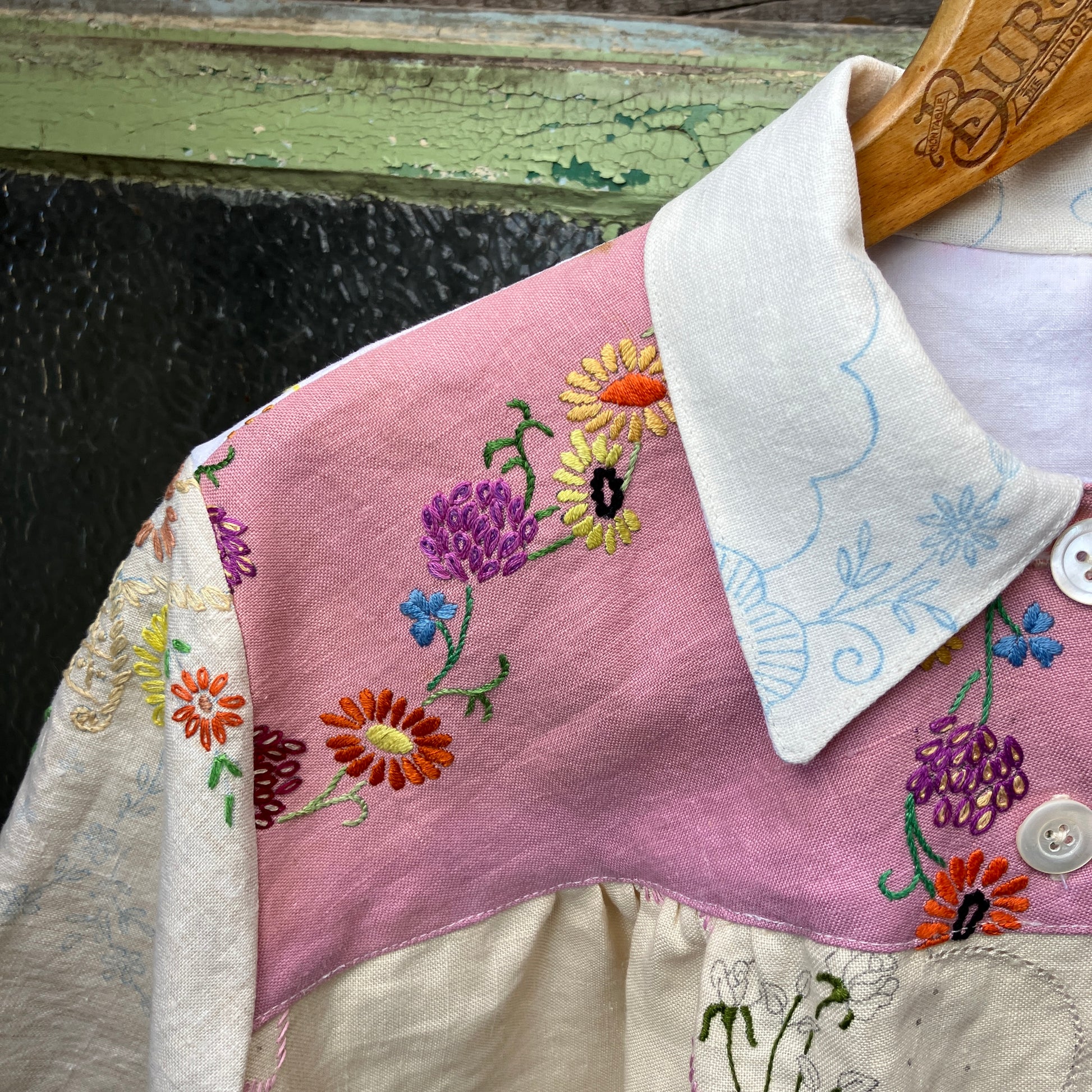 Patchwork shirt made from a selection of recycled embroidered vintage linen.