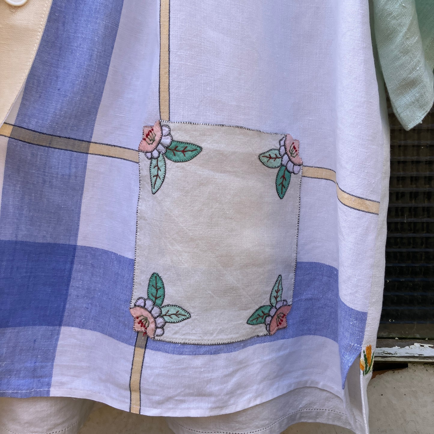 Patchwork shirt made from a selection of recycled embroidered vintage linen.