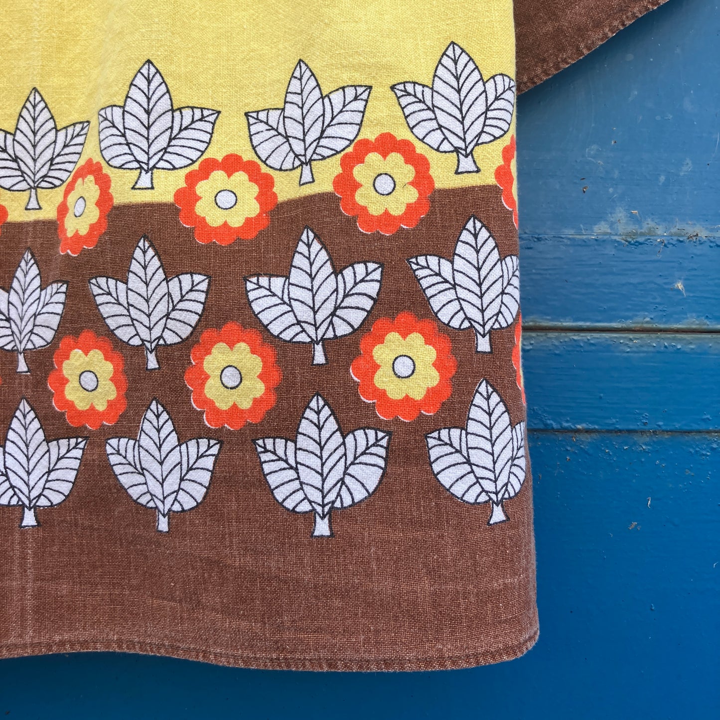 Shirt made from a brown, orange and yellow 70s vintage tablecloth