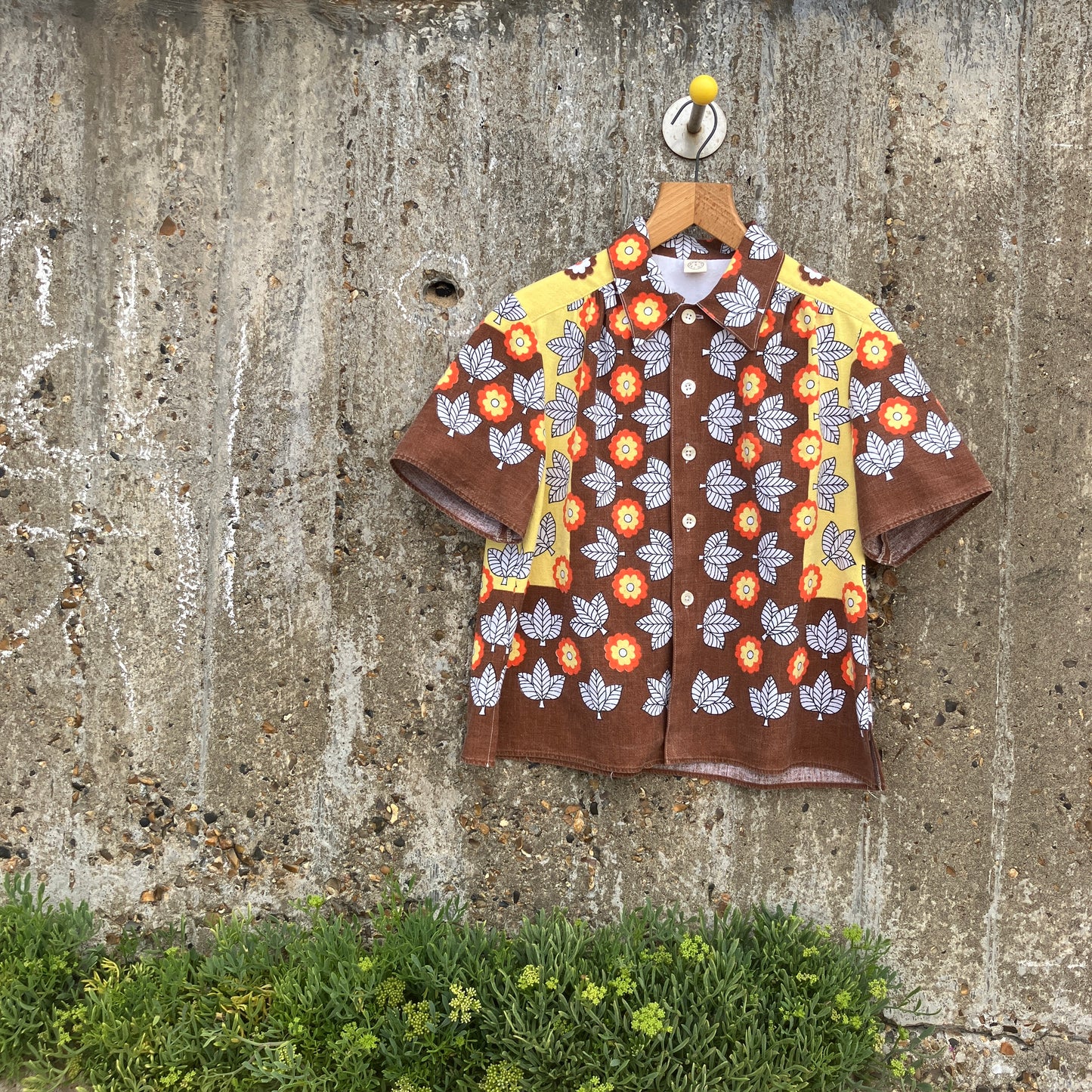 Shirt made from a brown, orange and yellow 70s vintage tablecloth