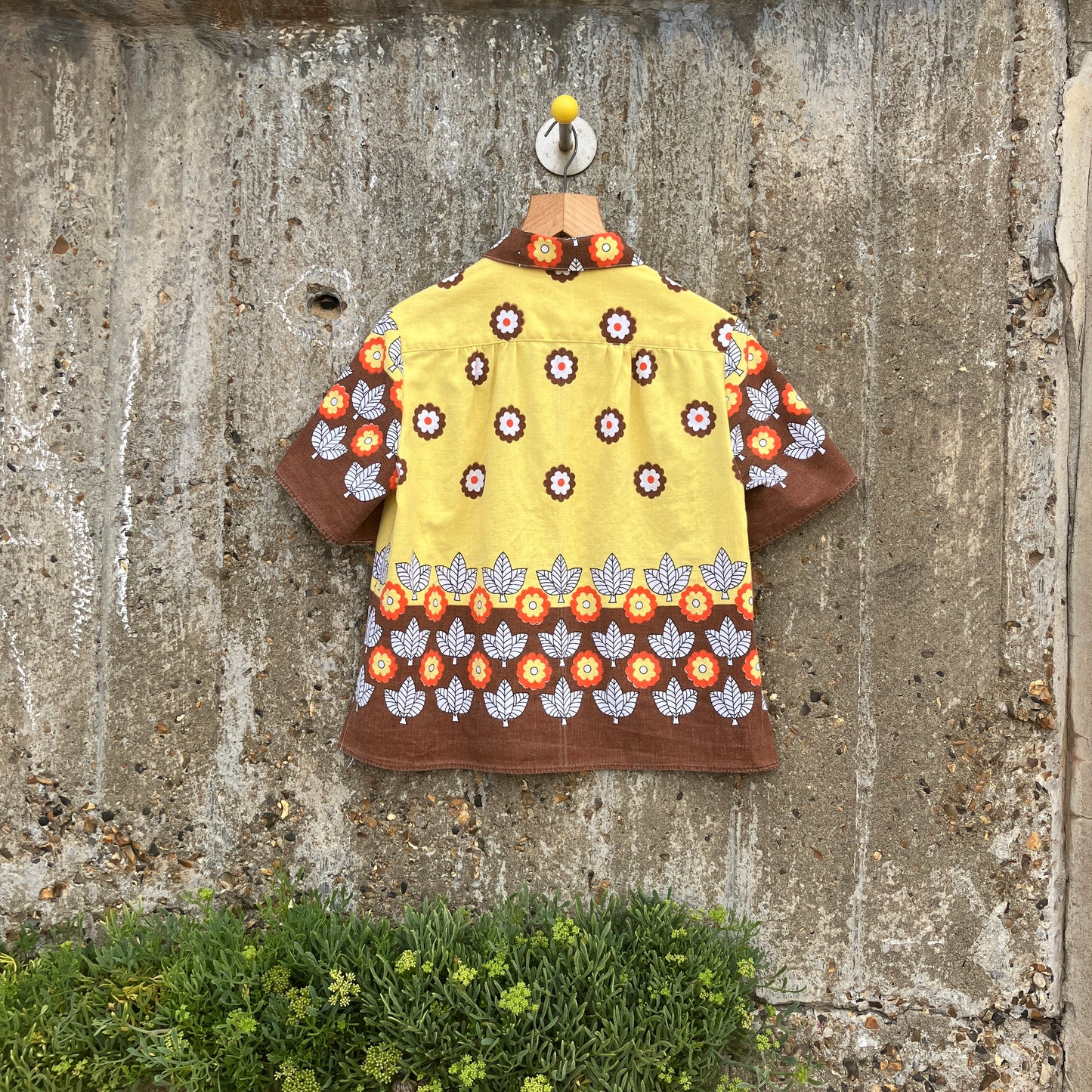 Shirt made from a brown, orange and yellow 70s vintage tablecloth