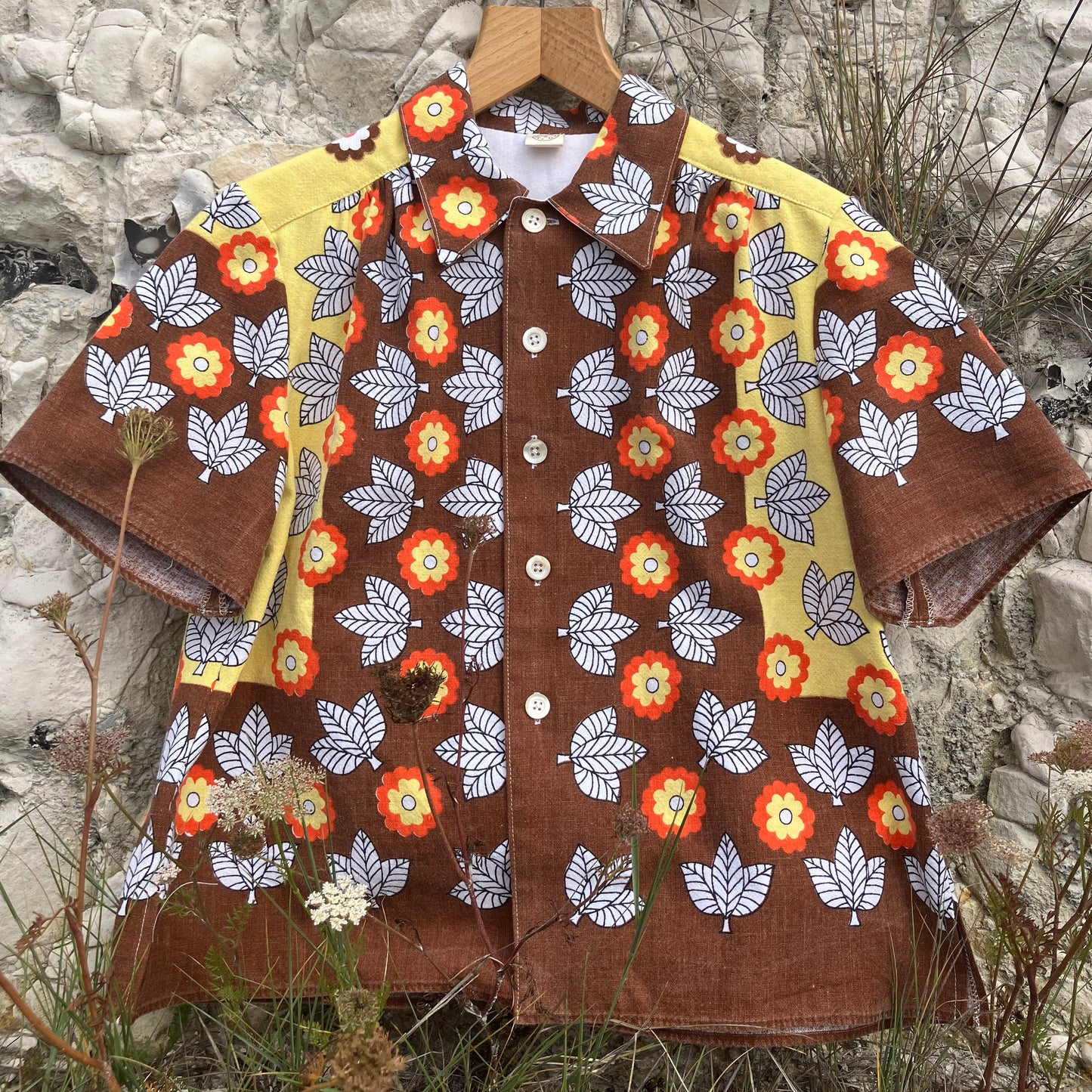 Shirt made from a brown, orange and yellow 70s vintage tablecloth