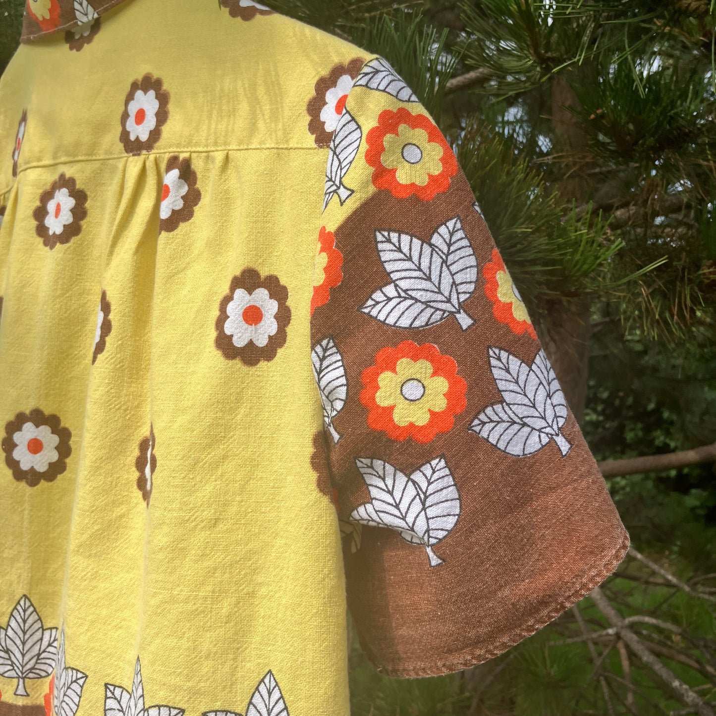 Shirt made from a brown, orange and yellow 70s vintage tablecloth