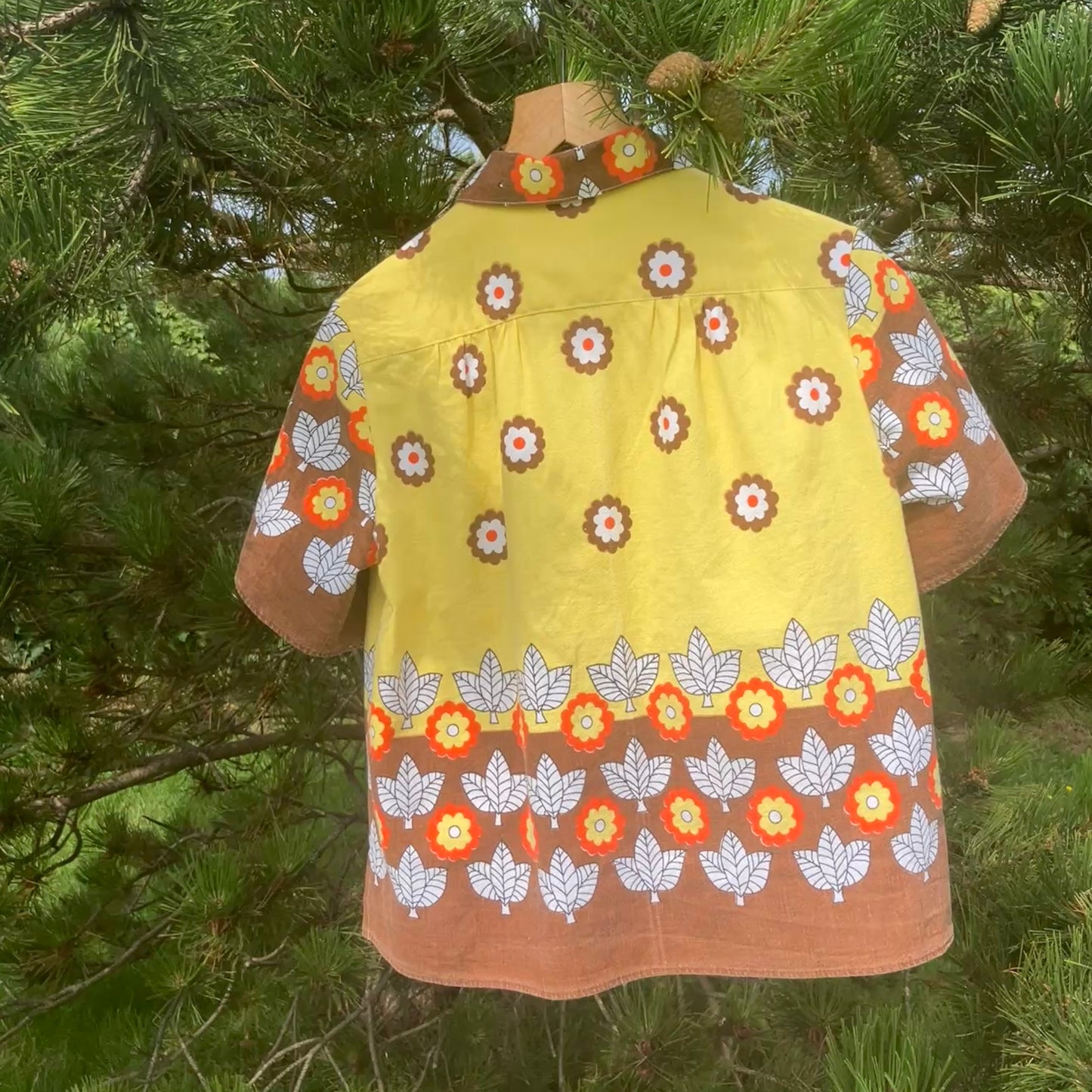 Shirt made from a brown, orange and yellow 70s vintage tablecloth