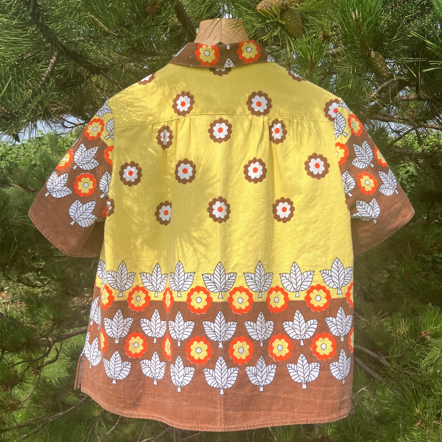 Shirt made from a brown, orange and yellow 70s vintage tablecloth