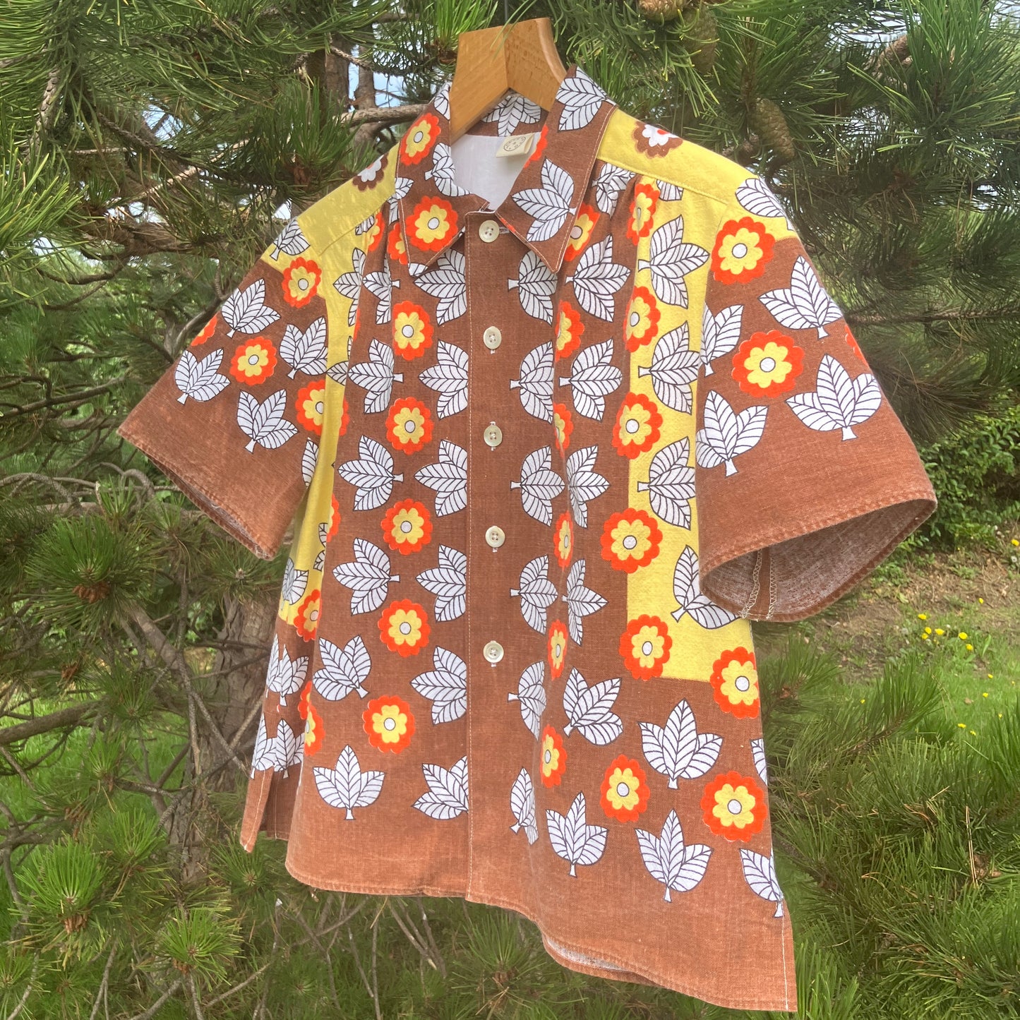 Shirt made from a brown, orange and yellow 70s vintage tablecloth