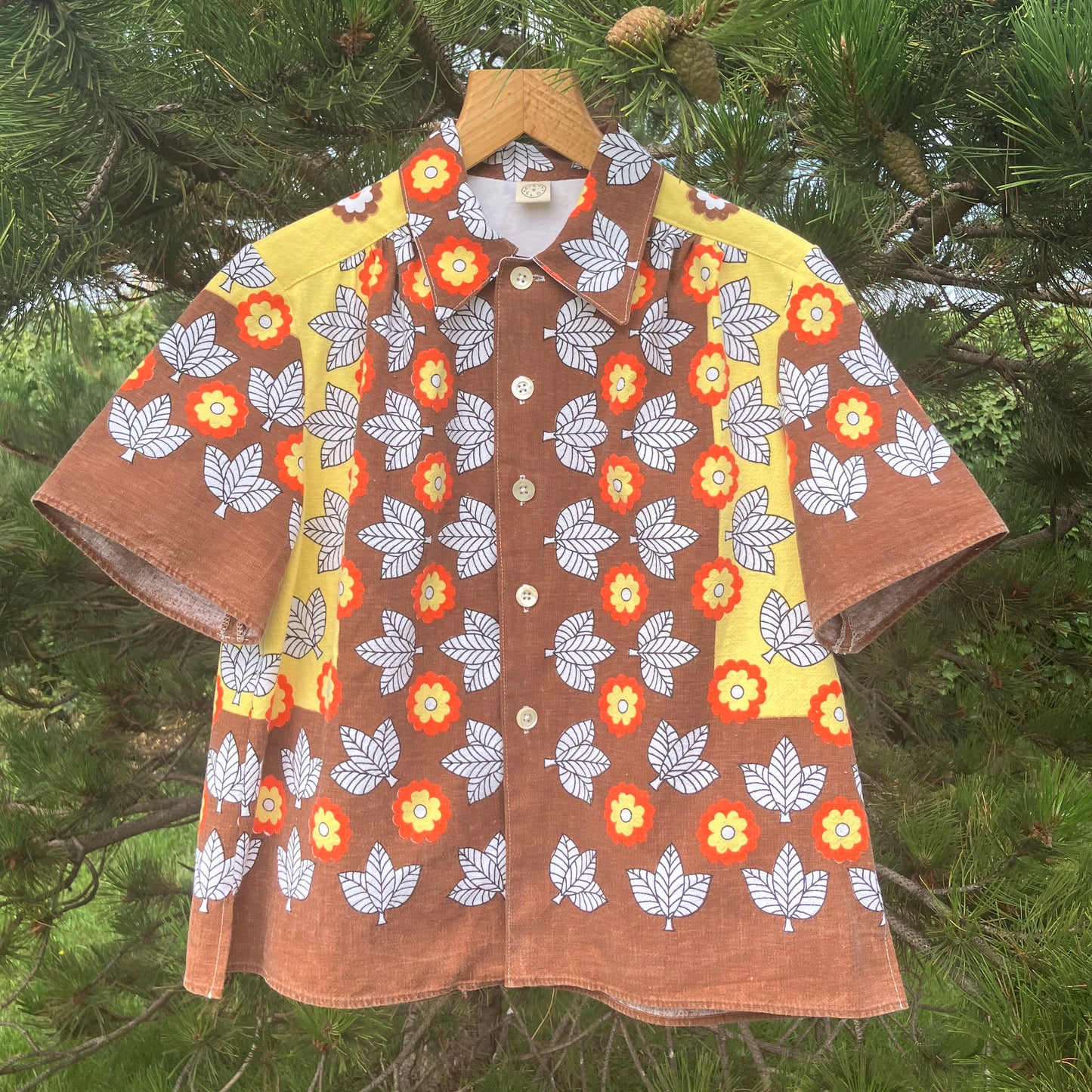 Shirt made from a brown, orange and yellow 70s vintage tablecloth