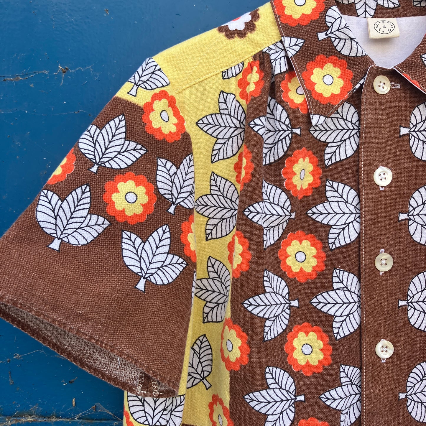 Shirt made from a brown, orange and yellow 70s vintage tablecloth