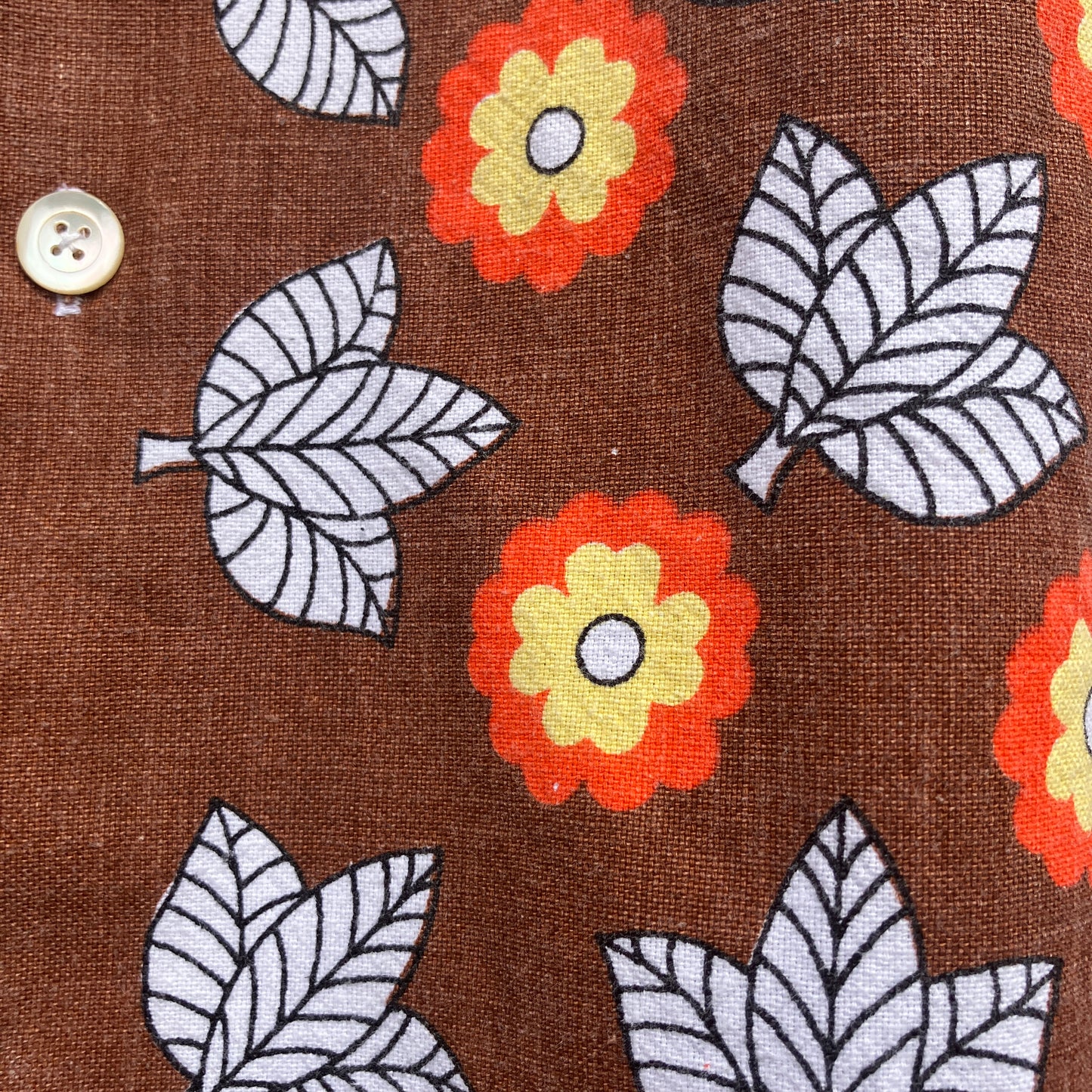 Shirt made from a brown, orange and yellow 70s vintage tablecloth