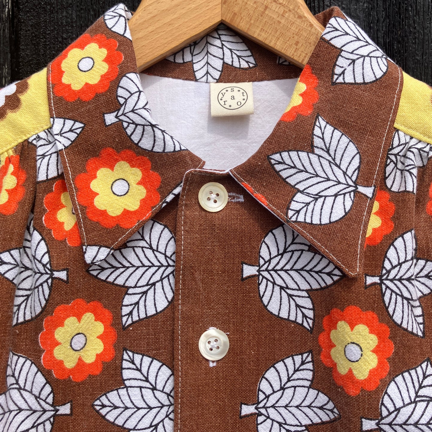Shirt made from a brown, orange and yellow 70s vintage tablecloth