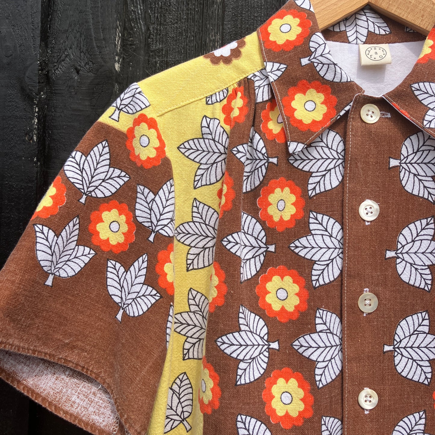 Shirt made from a brown, orange and yellow 70s vintage tablecloth