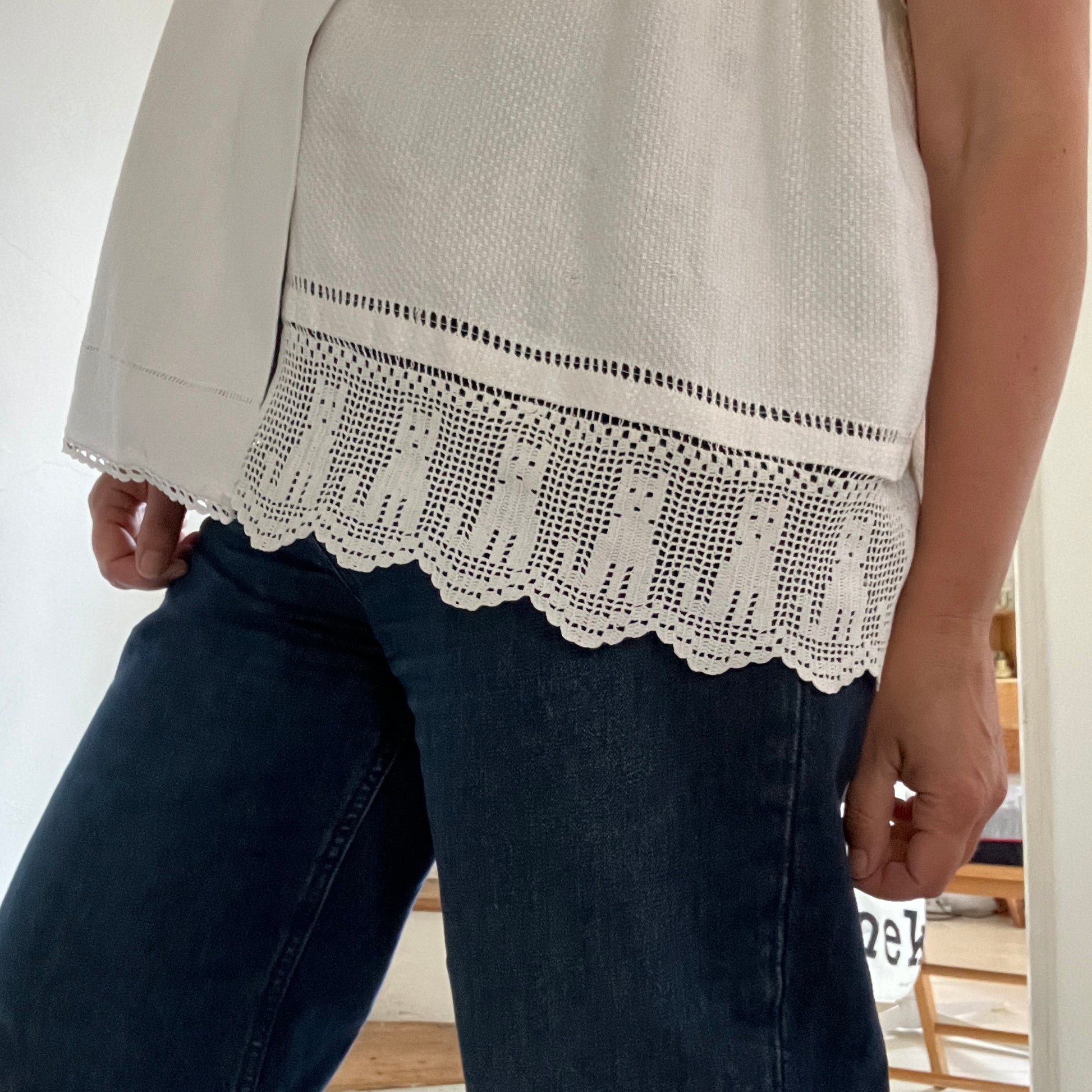 One-of-a-kind linen and cotton shirt made from reclaimed tablecloths and a special filet crochet CATS vintage panel
