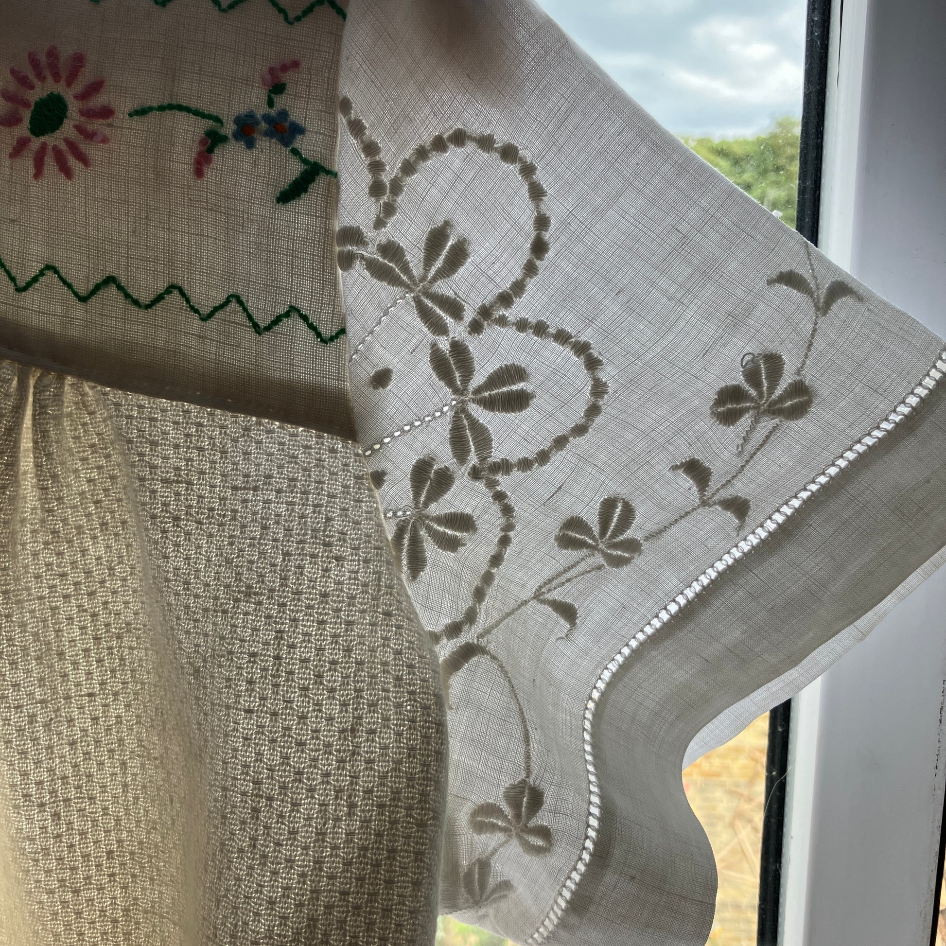 One-of-a-kind linen and cotton shirt made from reclaimed tablecloths and a special filet crochet CATS vintage panel