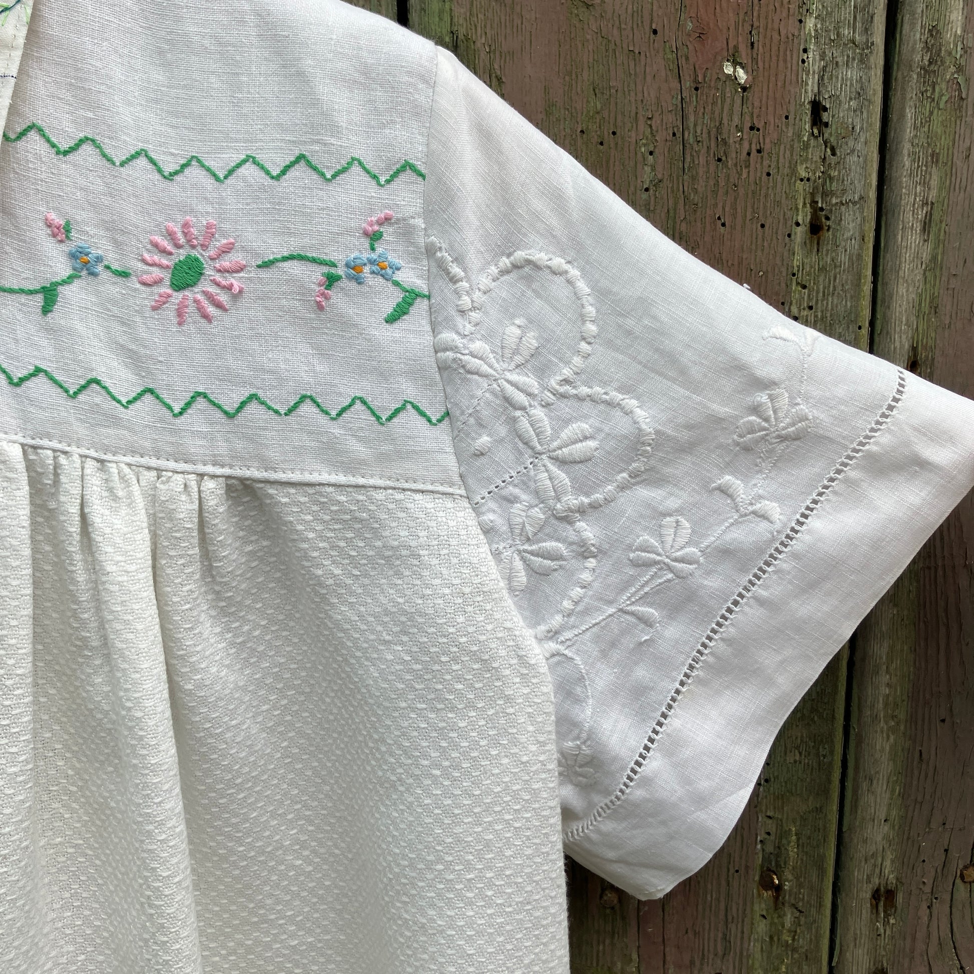One-of-a-kind linen and cotton shirt made from reclaimed tablecloths and a special filet crochet CATS vintage panel