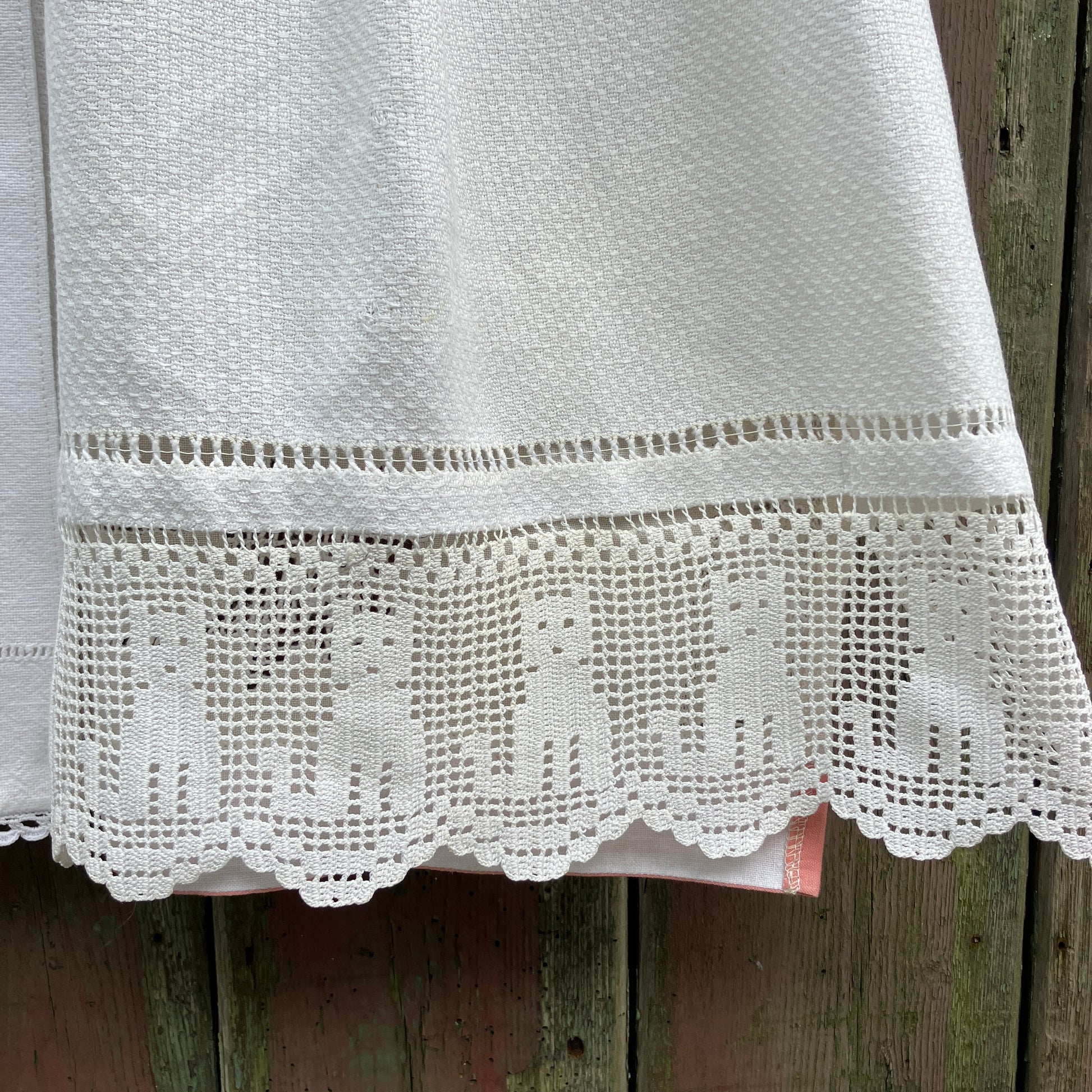 One-of-a-kind linen and cotton shirt made from reclaimed tablecloths and a special filet crochet CATS vintage panel
