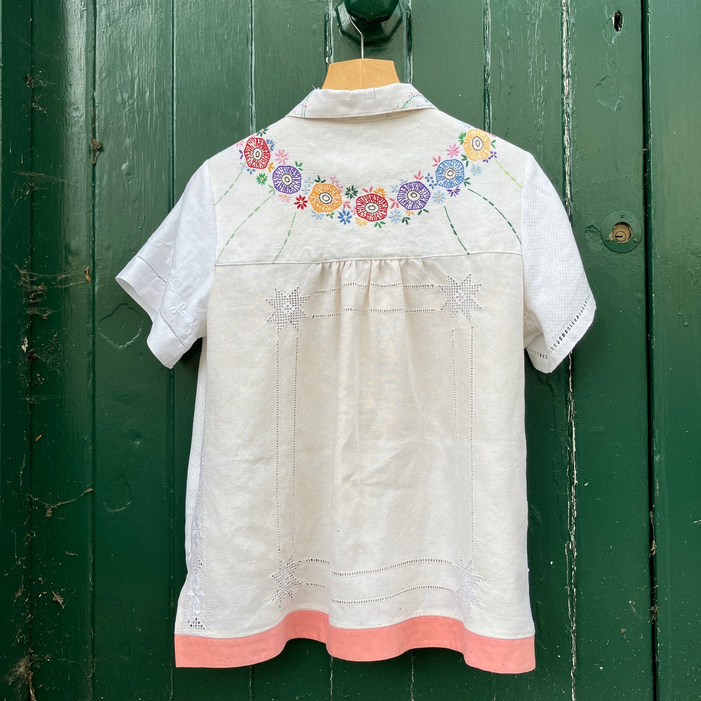 One-of-a-kind linen and cotton shirt made from reclaimed tablecloths and a special filet crochet CATS vintage panel