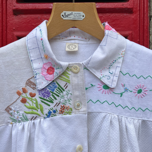 One-of-a-kind linen and cotton shirt made from reclaimed tablecloths and a special filet crochet CATS vintage panel