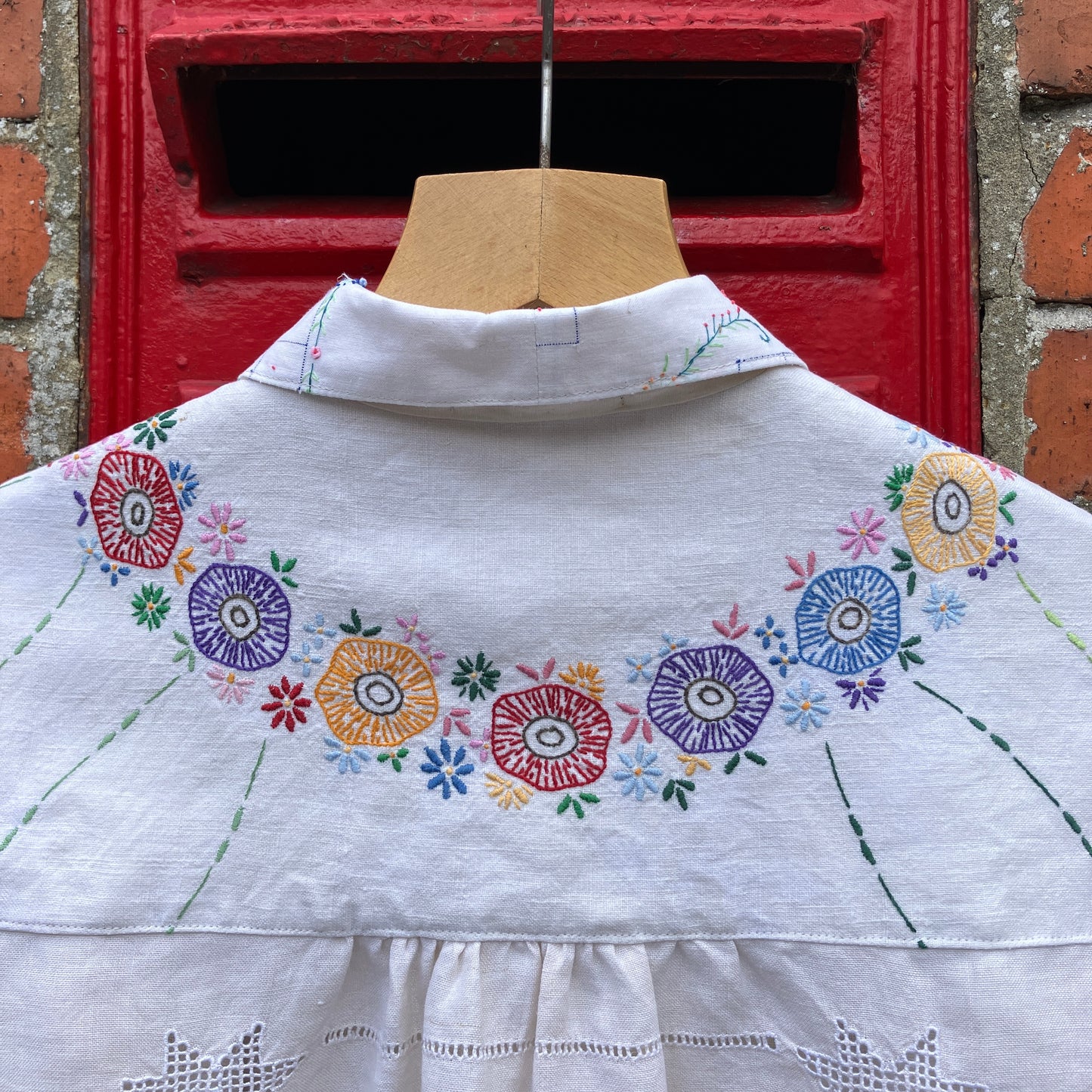 One-of-a-kind linen and cotton shirt made from reclaimed tablecloths and a special filet crochet CATS vintage panel