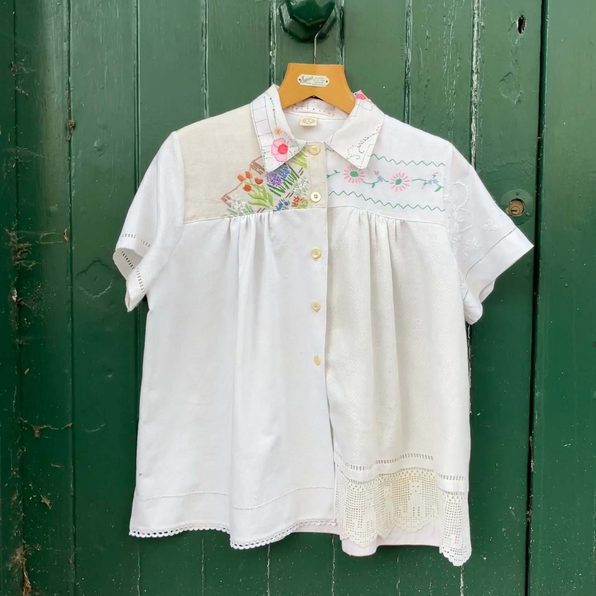 One-of-a-kind linen and cotton shirt made from reclaimed tablecloths and a special filet crochet CATS vintage panel