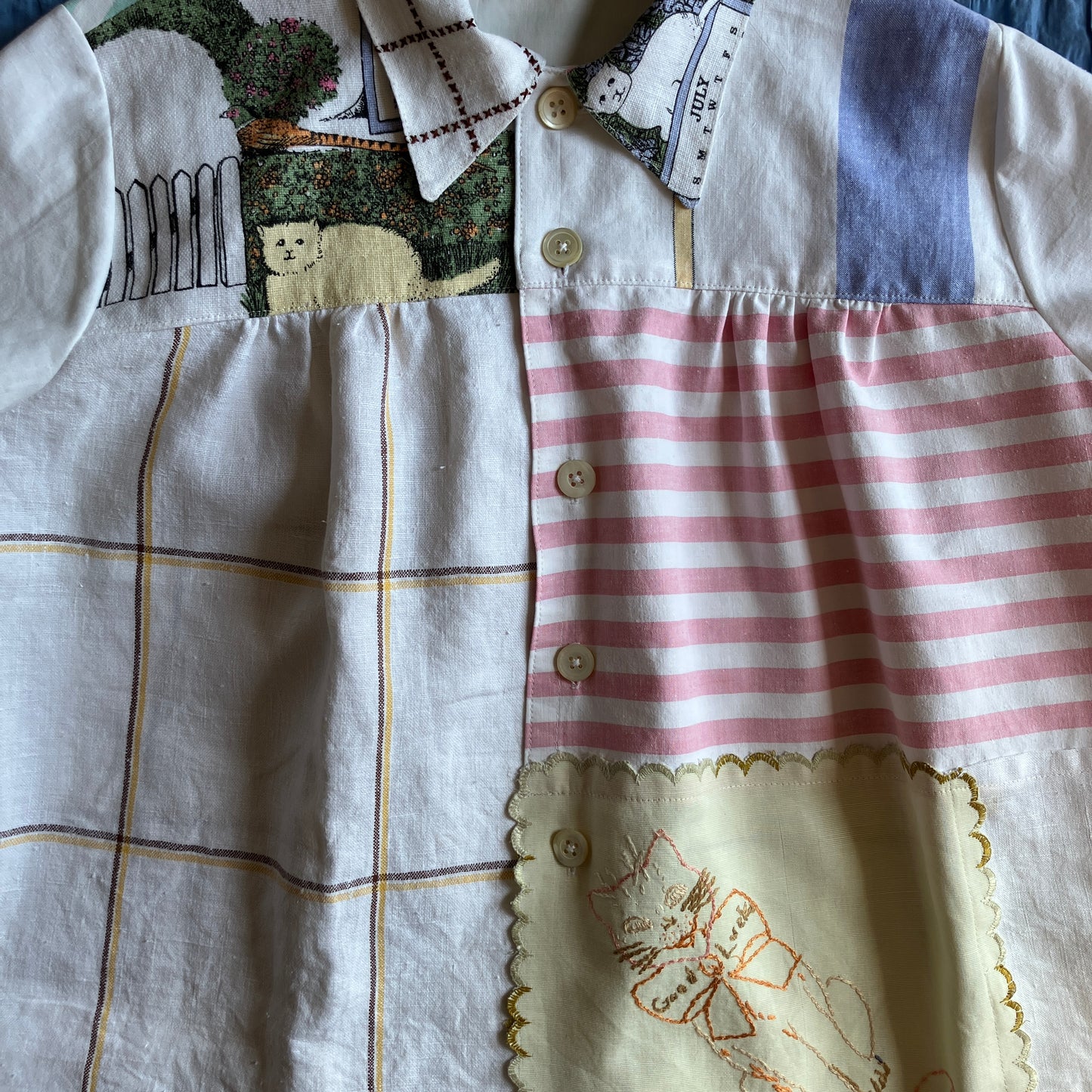 cat-themed recycled linen shirt