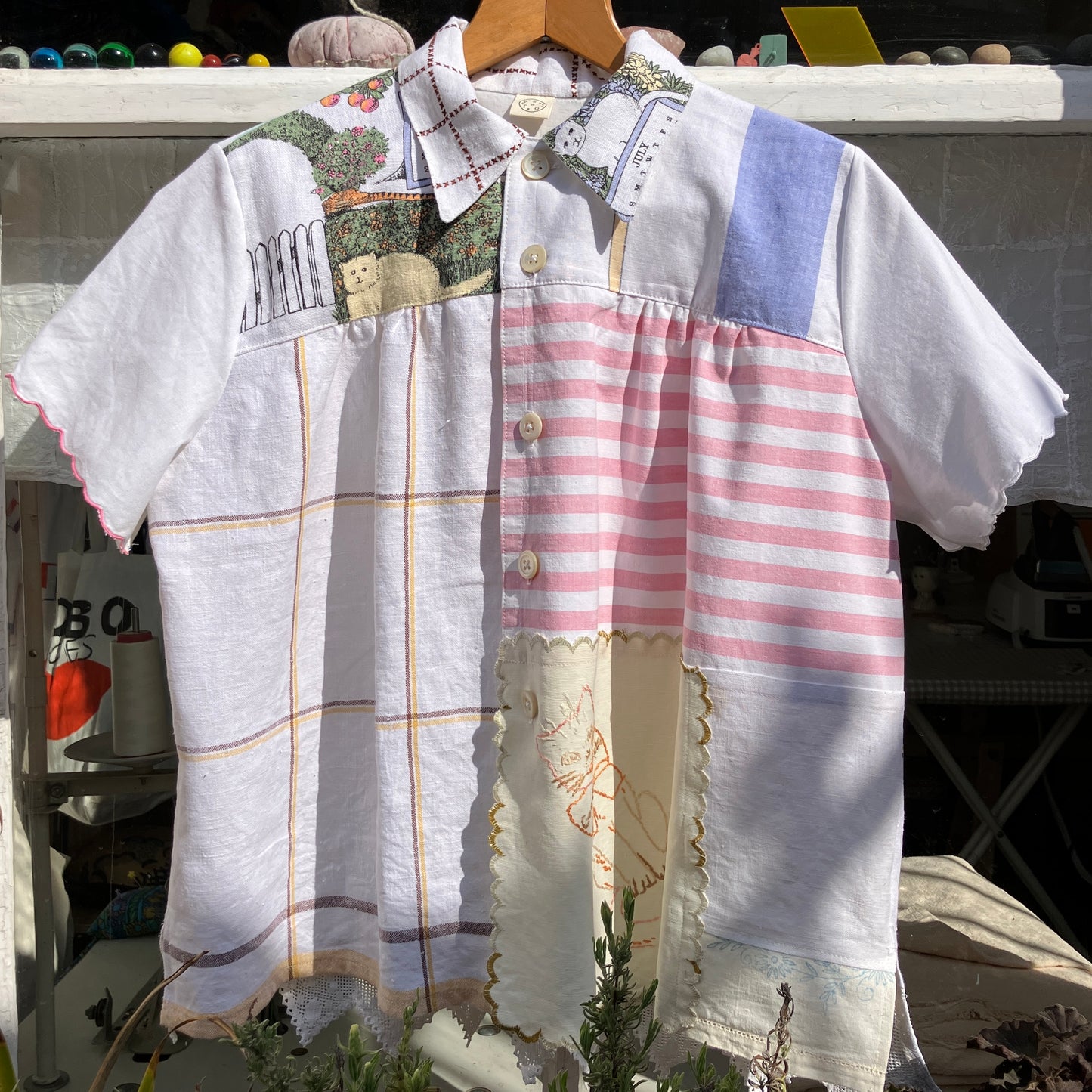 cat-themed recycled linen shirt