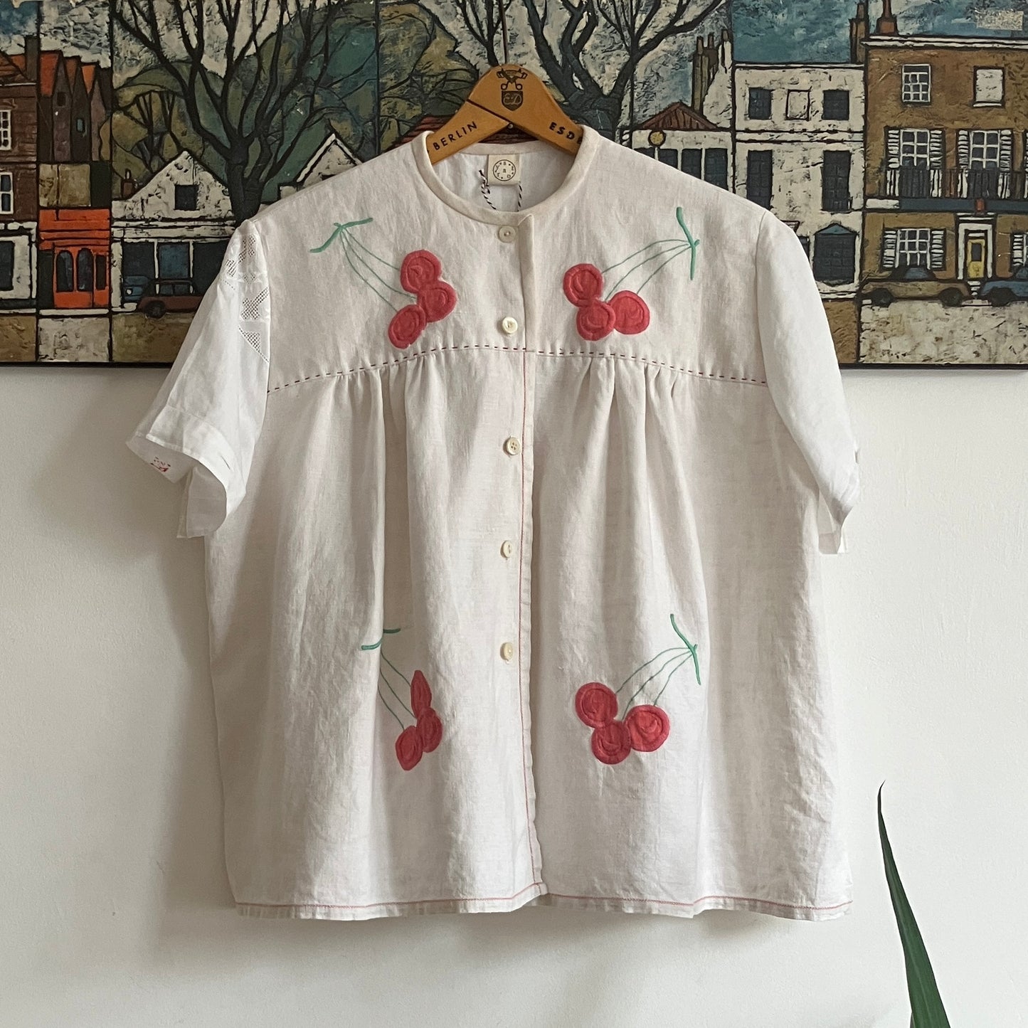 Top made from a patchwork of a recycled linen tablecloth with cherry motifs and antique bed linen