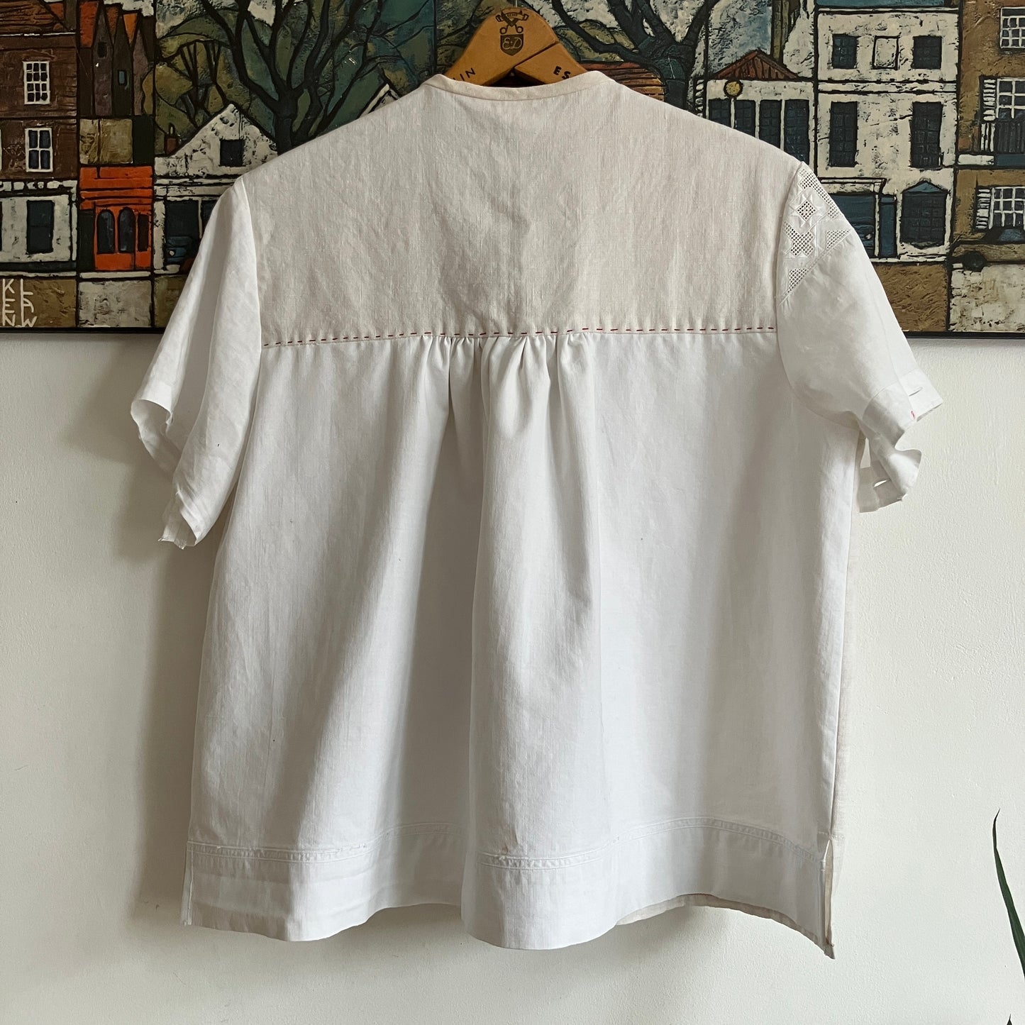 Top made from a patchwork of a recycled linen tablecloth with cherry motifs and antique bed linen