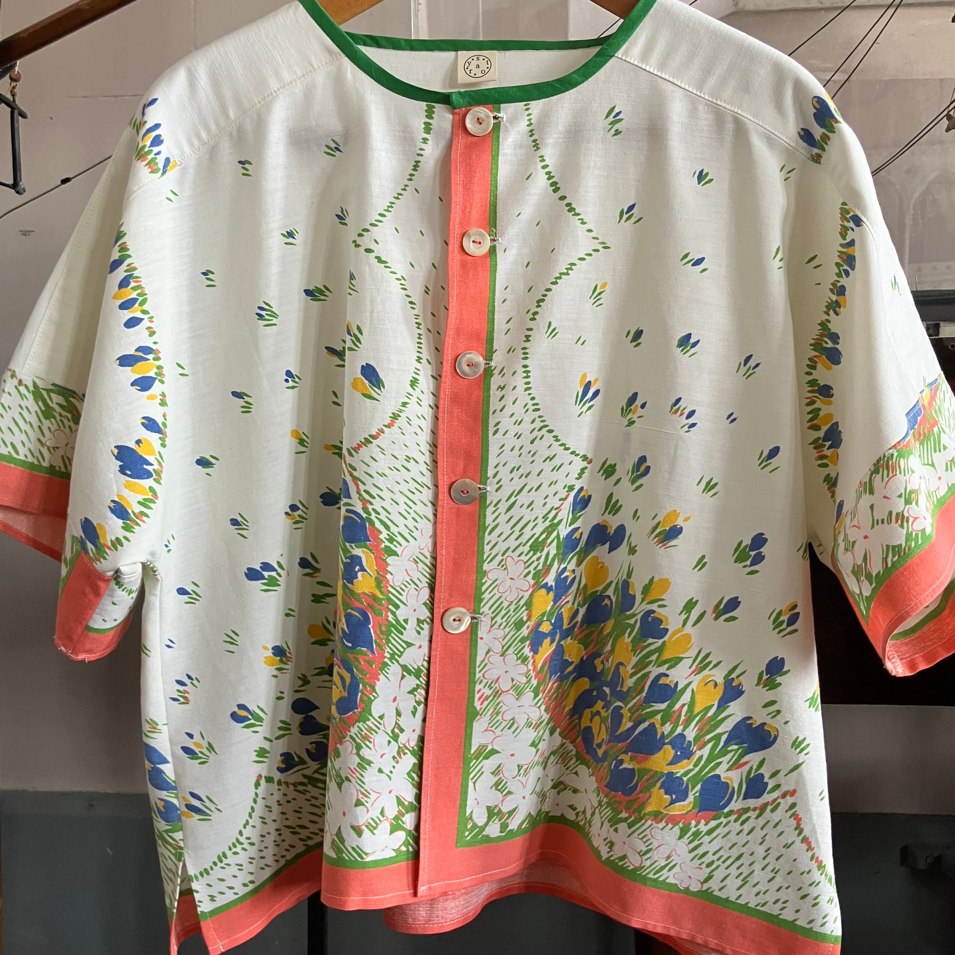 boxy top made from a reclaimed vintage tablecloth