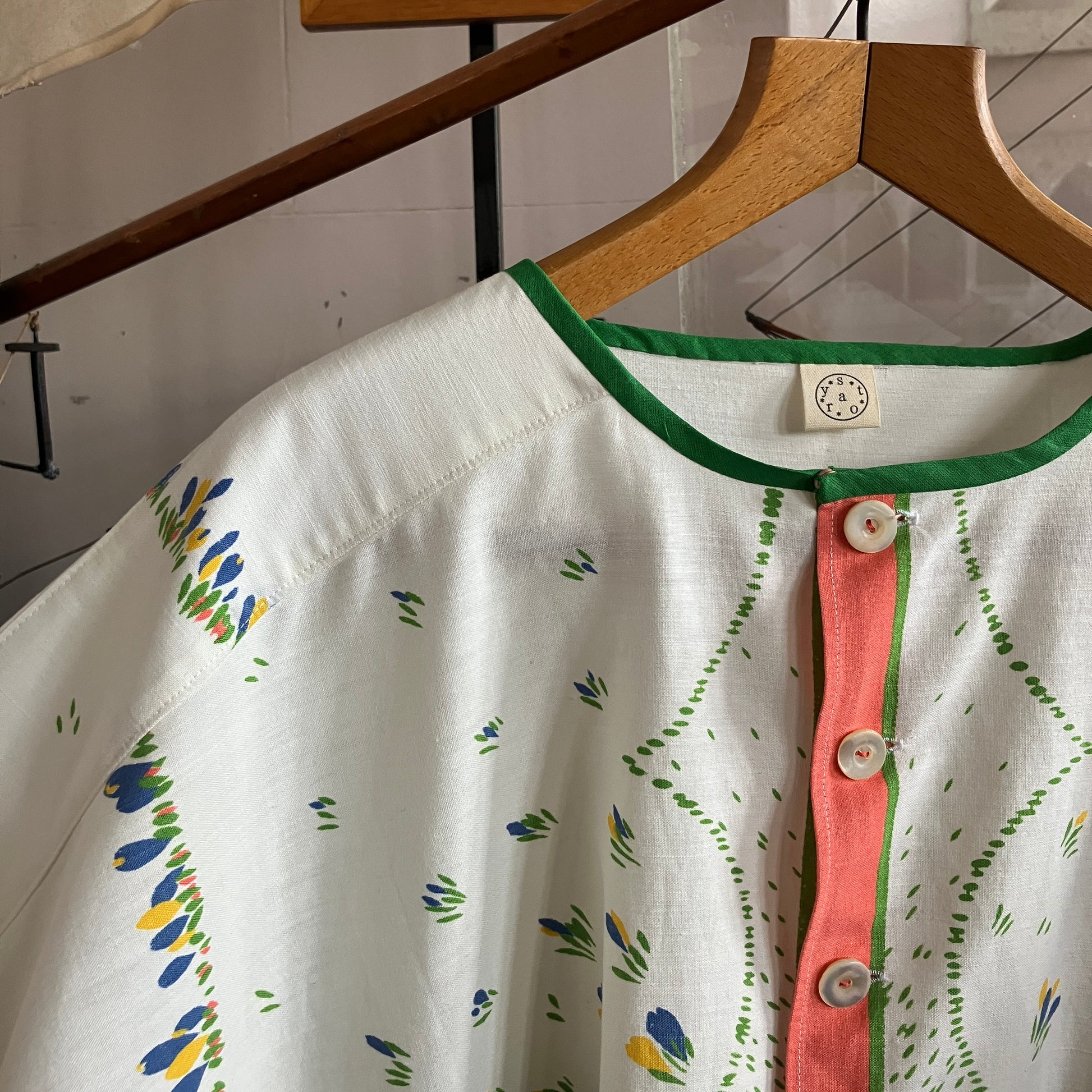 boxy top made from a reclaimed vintage tablecloth