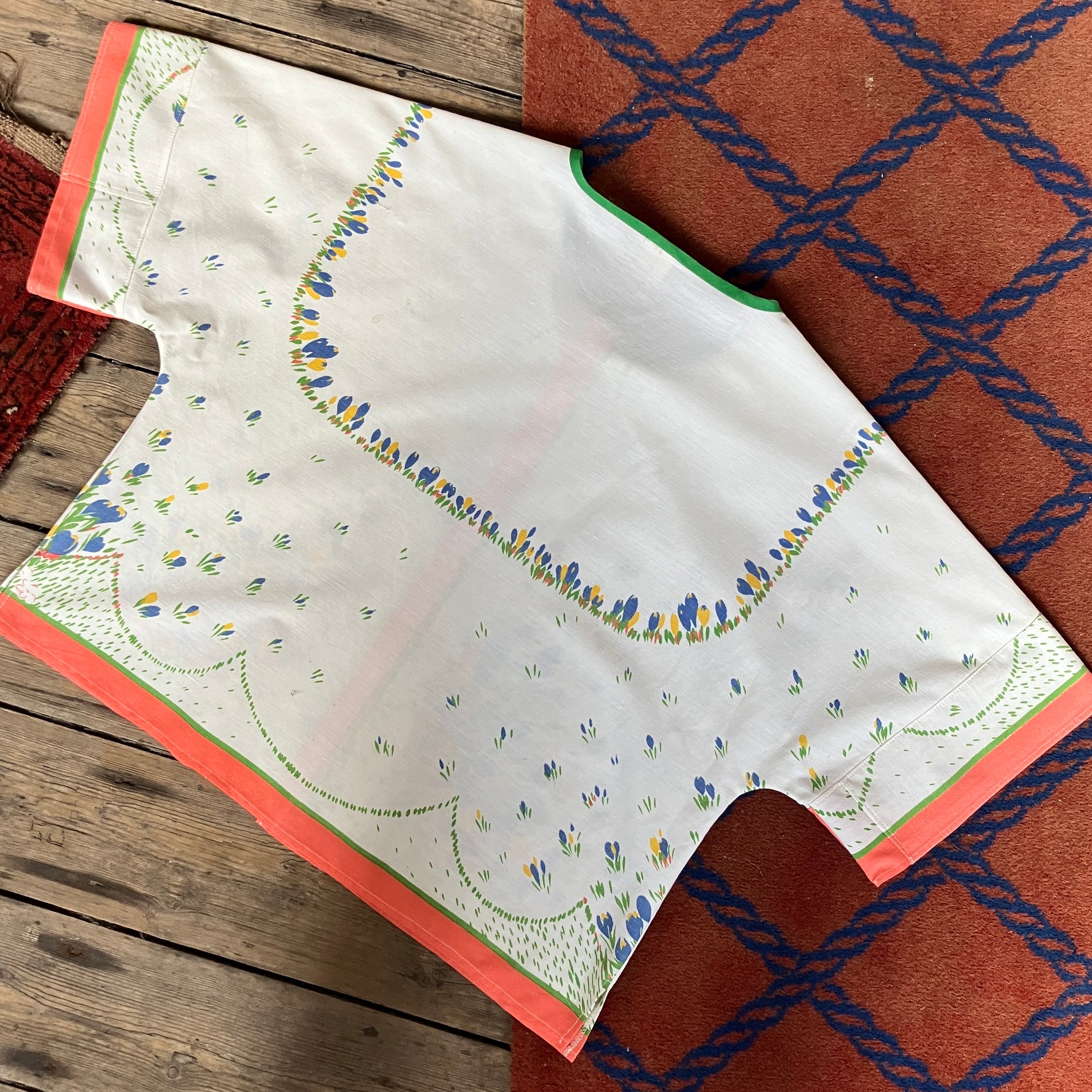 boxy top made from a reclaimed vintage tablecloth