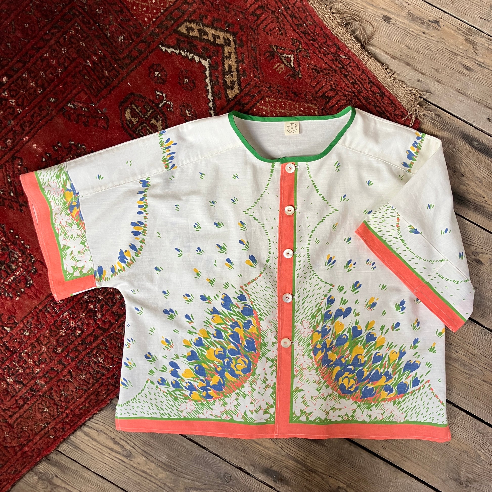 boxy top made from a reclaimed vintage tablecloth