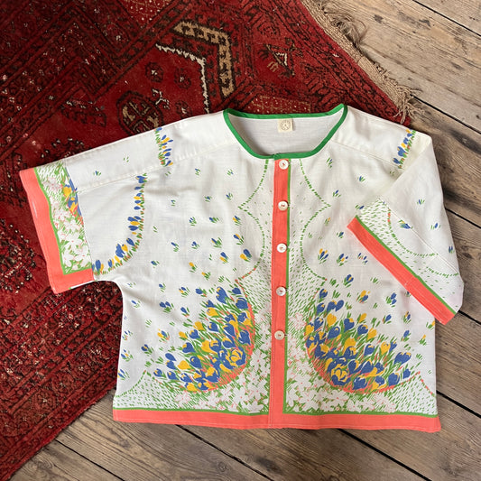 boxy top made from a reclaimed vintage tablecloth