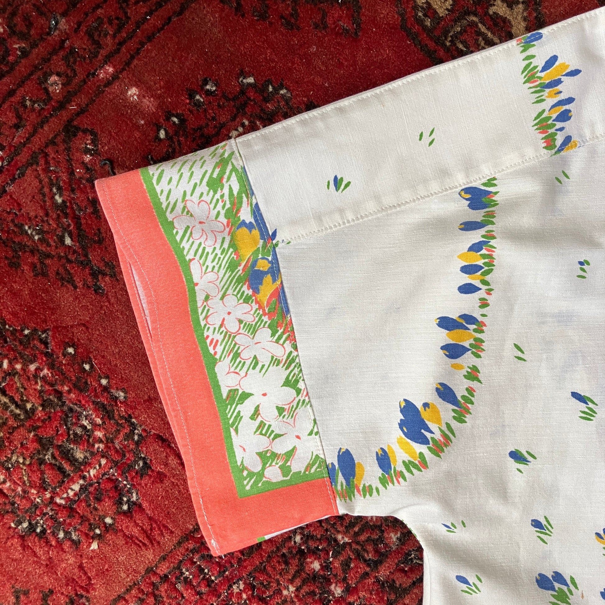 boxy top made from a reclaimed vintage tablecloth