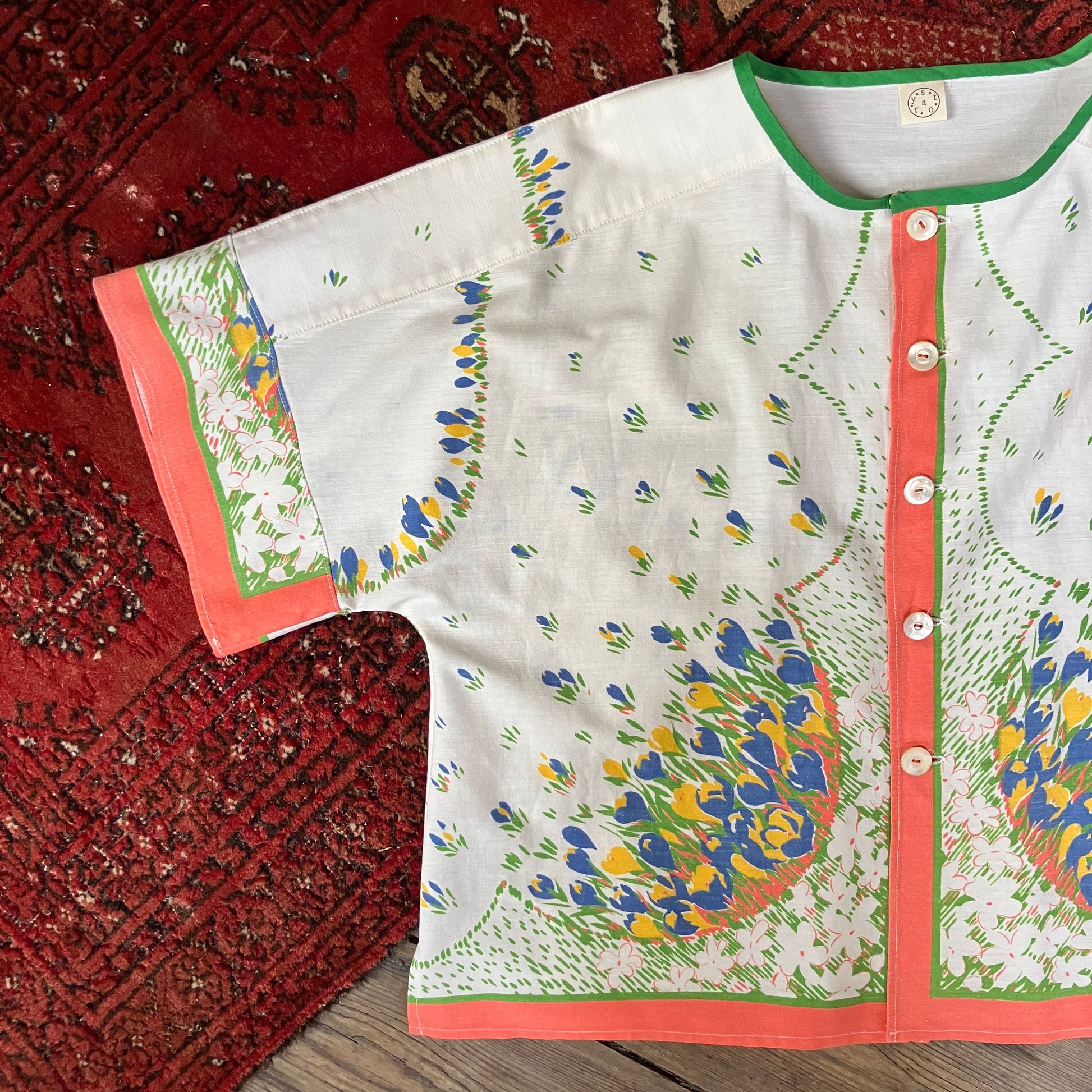 boxy top made from a reclaimed vintage tablecloth