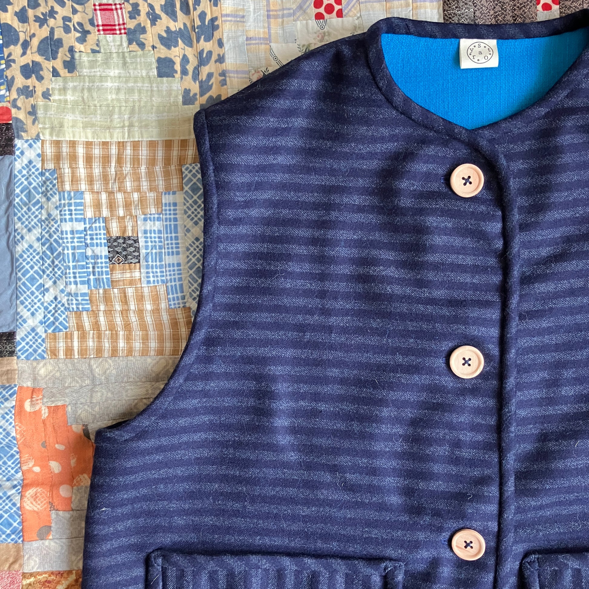 Beautiful quality vintage deadstock blue striped wool vest with found wooden buttons
