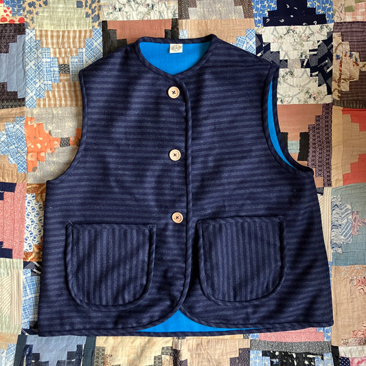Beautiful quality vintage deadstock blue striped wool vest with found wooden buttons