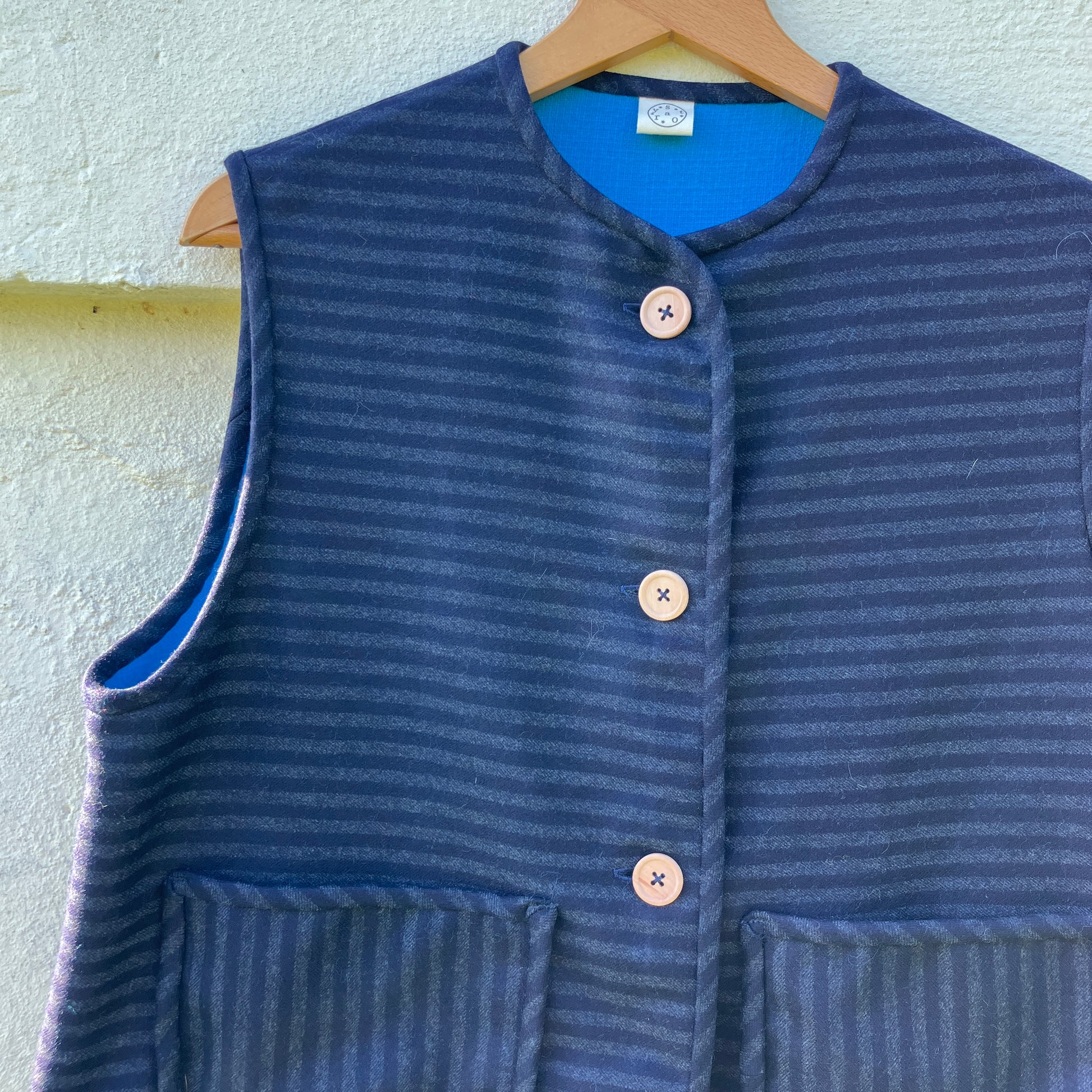 Beautiful quality vintage deadstock blue striped wool vest with found wooden buttons