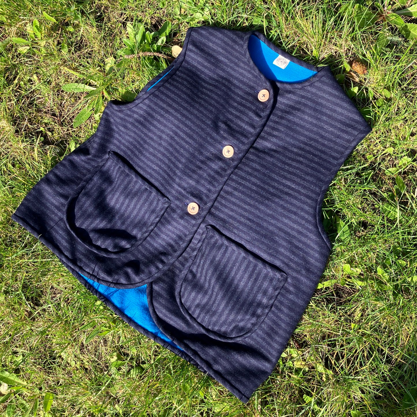 Beautiful quality vintage deadstock blue striped wool vest with found wooden buttons